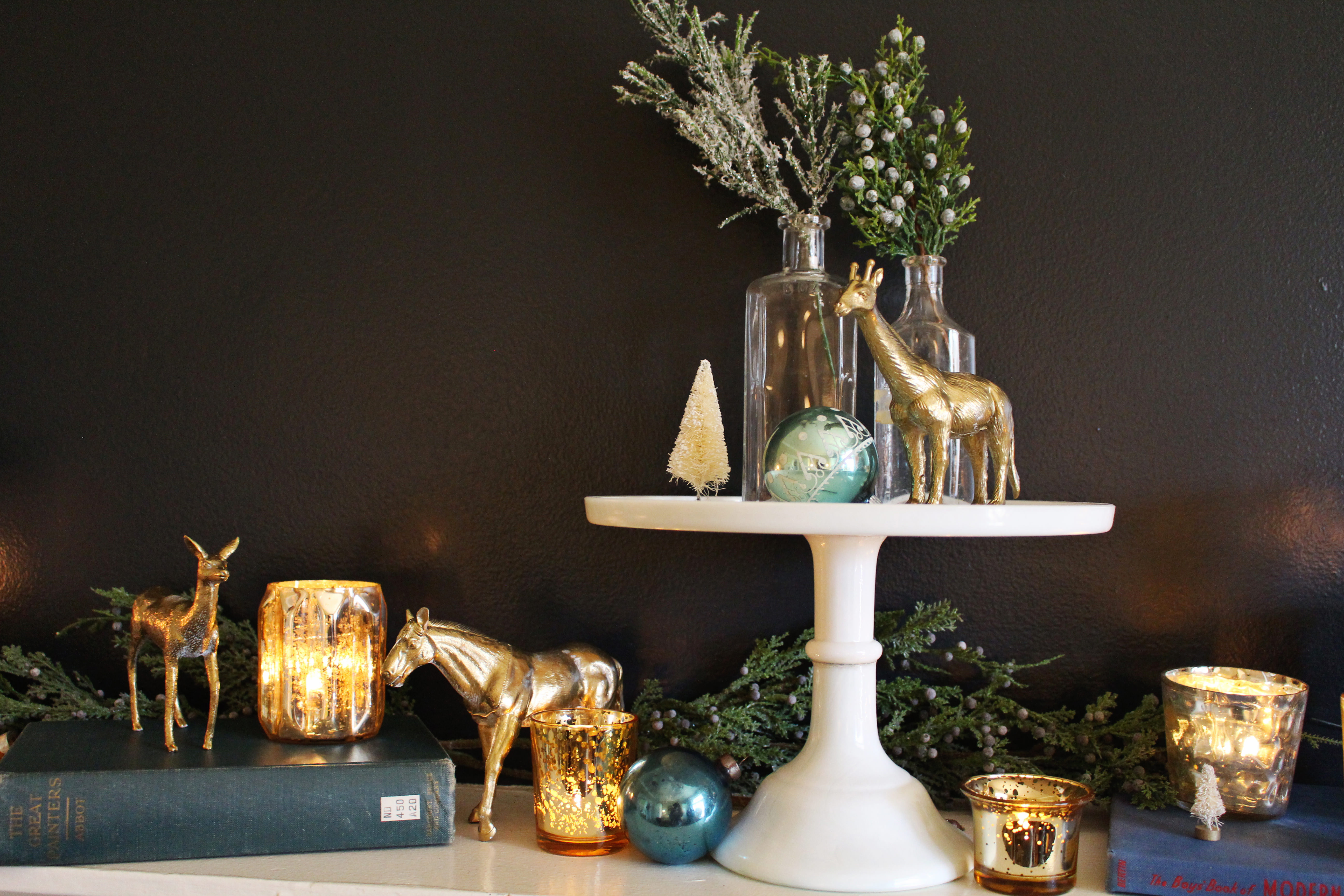 DIY gold animals are an unexpected holiday mantle details