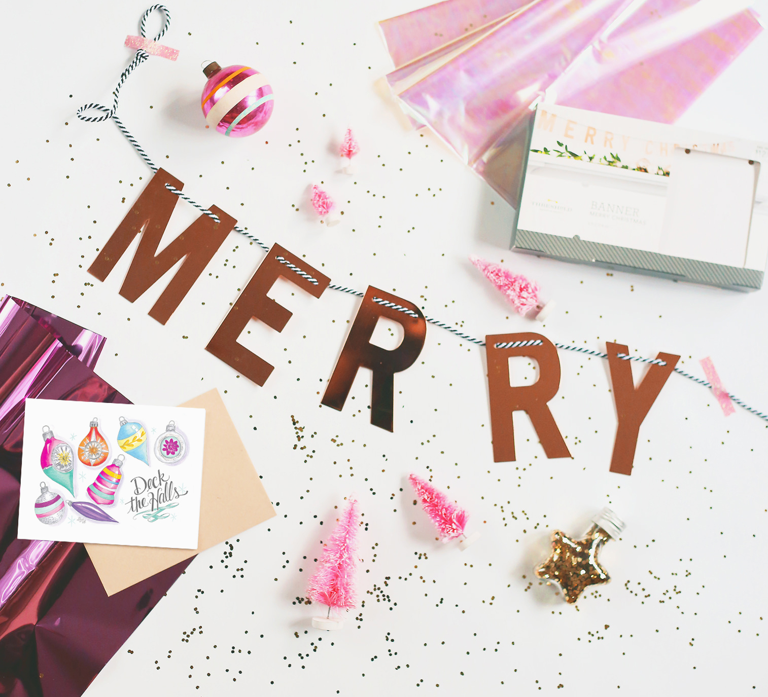 December's Happy Mail includes a festive gold banner, a vintage ornament and plenty of holiday sparkle!