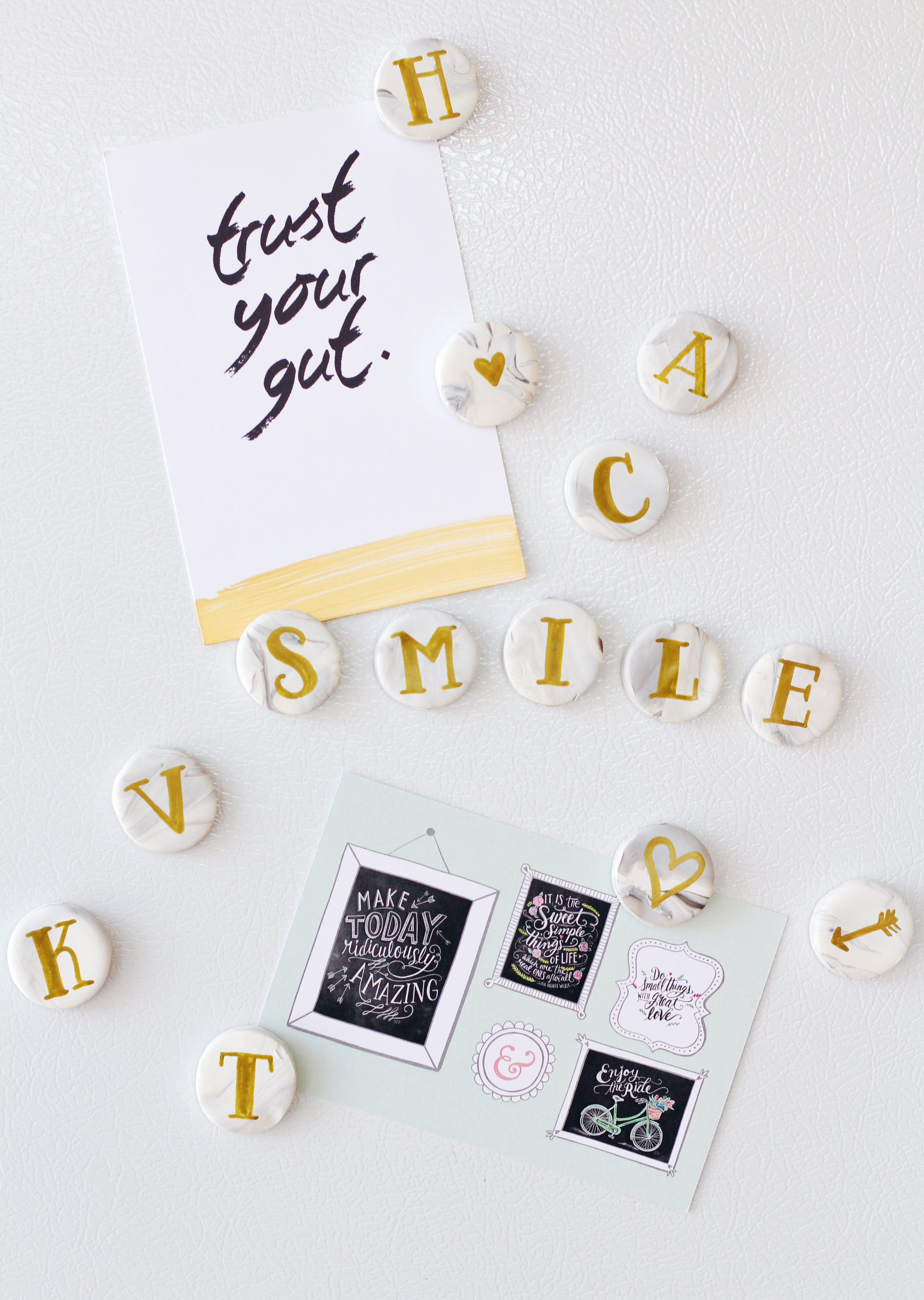 Alphabet magnets all grown up with gold hand lettered & marble clay -great DIY gift idea!