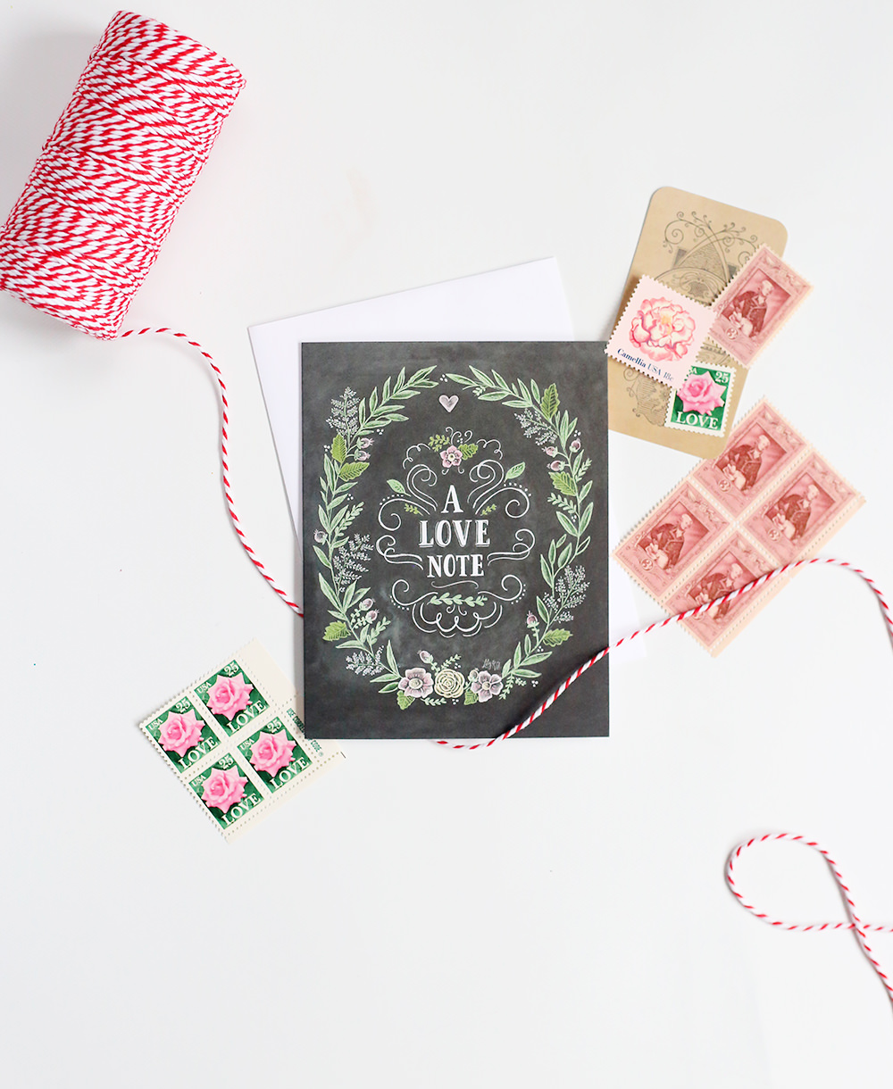 "A Love Note" vintage-inspired chalk art card for Valentine's Day available on lilyandval.com