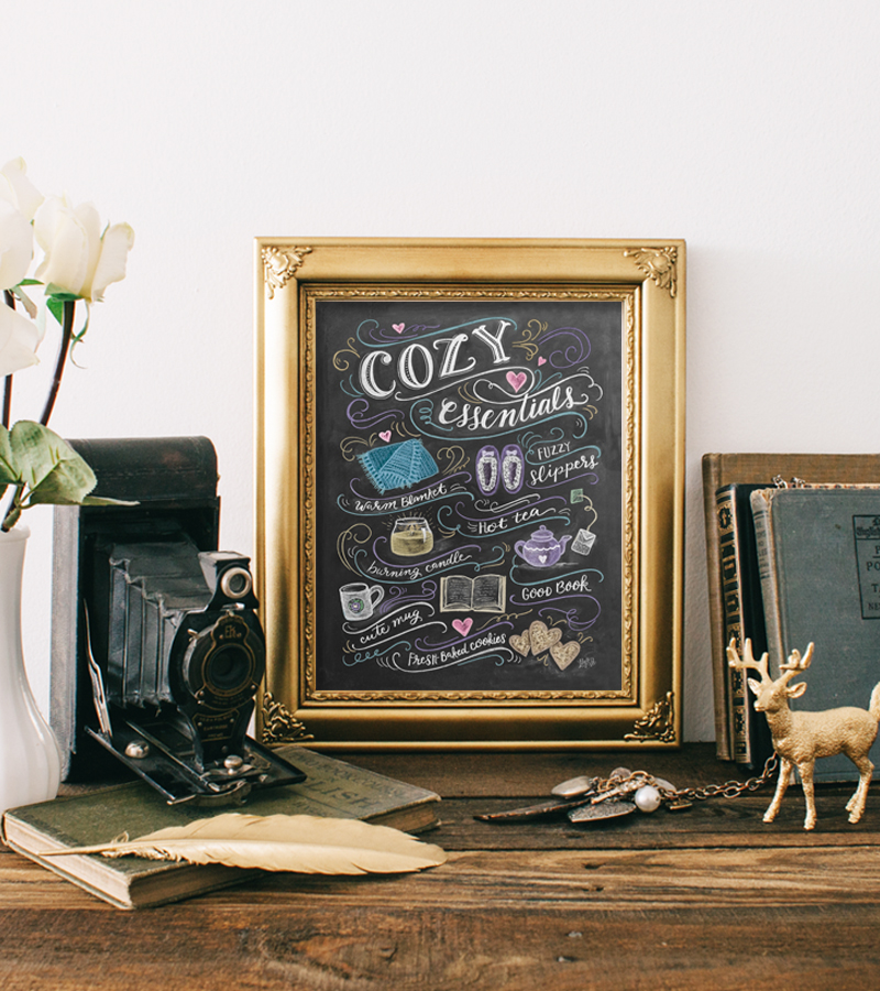 Cozy Essentials Chalk Art Print by Lily & Val