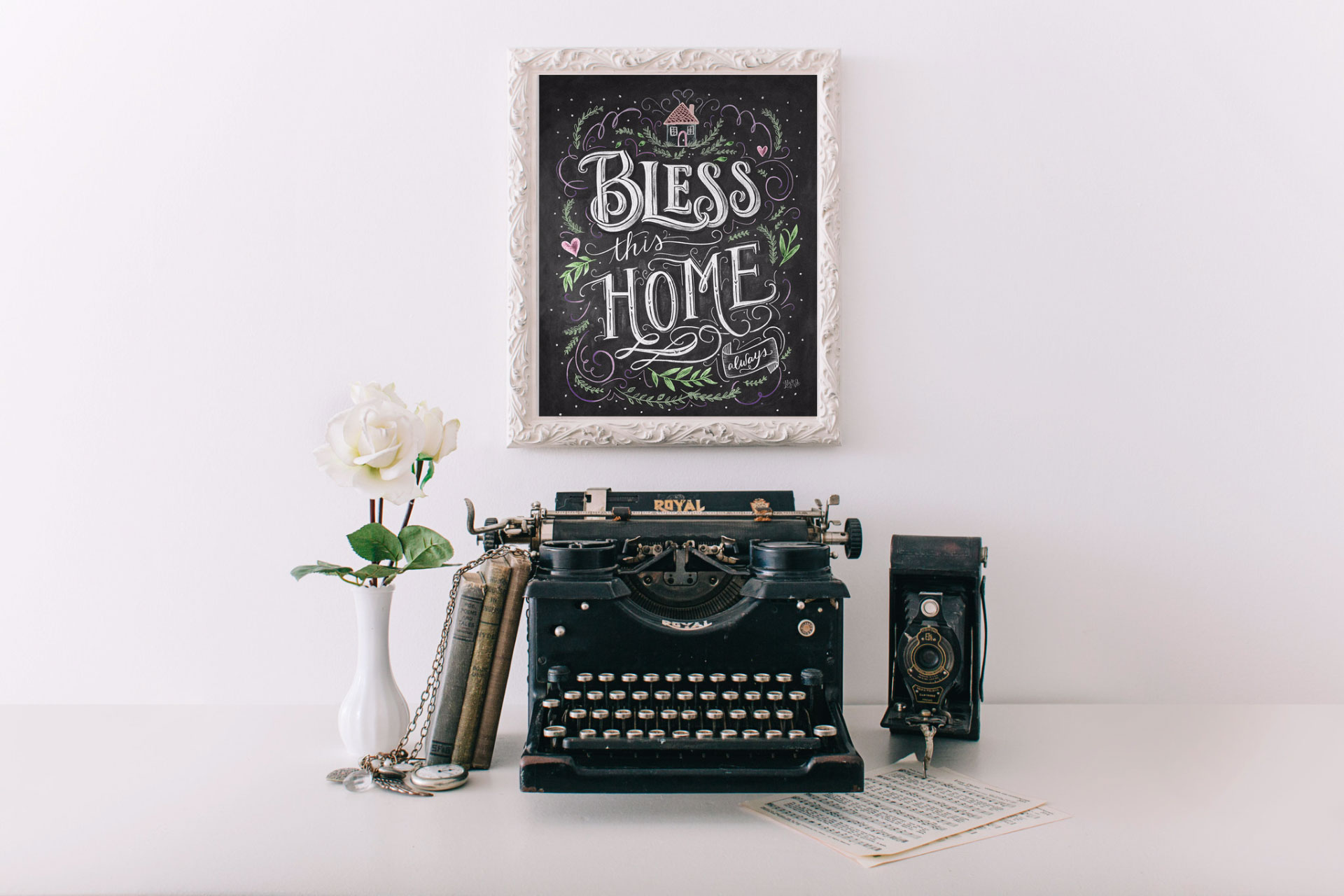 Vintage Home Decor- Bless this home Chalk Art Print