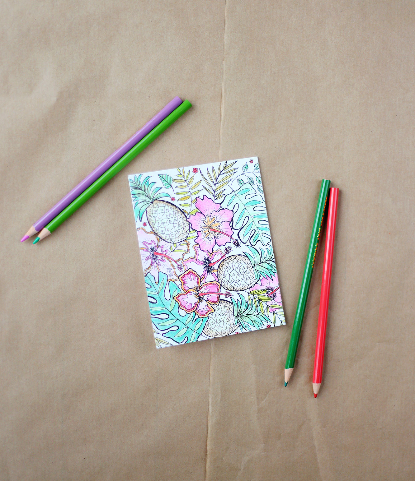 It's not hard to inject color into this tropical pineapple note card! Send to a friend who is dreaming of a getaway! Lily & Val Coloring Notes are available on lilyandval.com!
