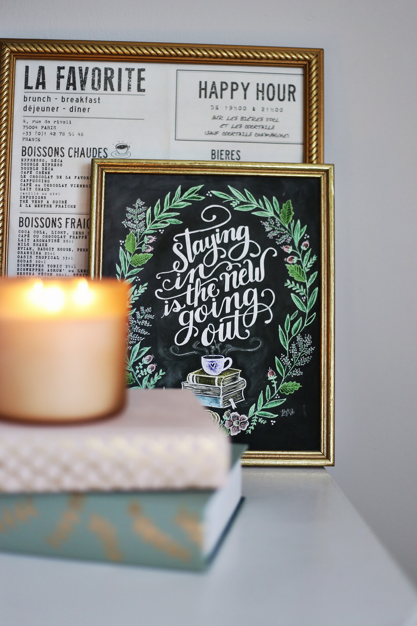 Hygge in the spring: Staying in is the new going out -chalkboard art print by Lily & Val. 