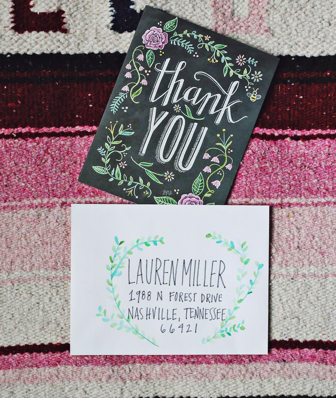 Watercolor laurels are the perfect, artistic touch to complement this Lily & Val floral thank you card