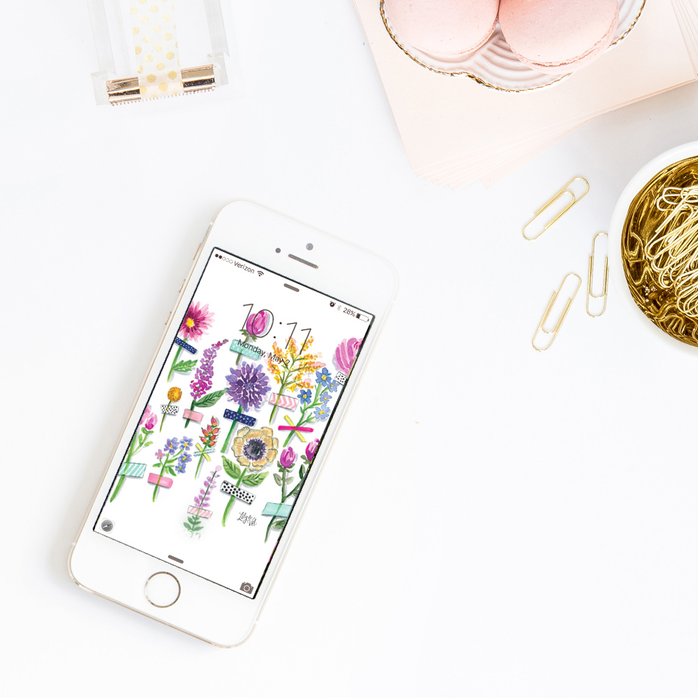 Download our beautiful washi tape flower background for your new iPhone wallpaper!