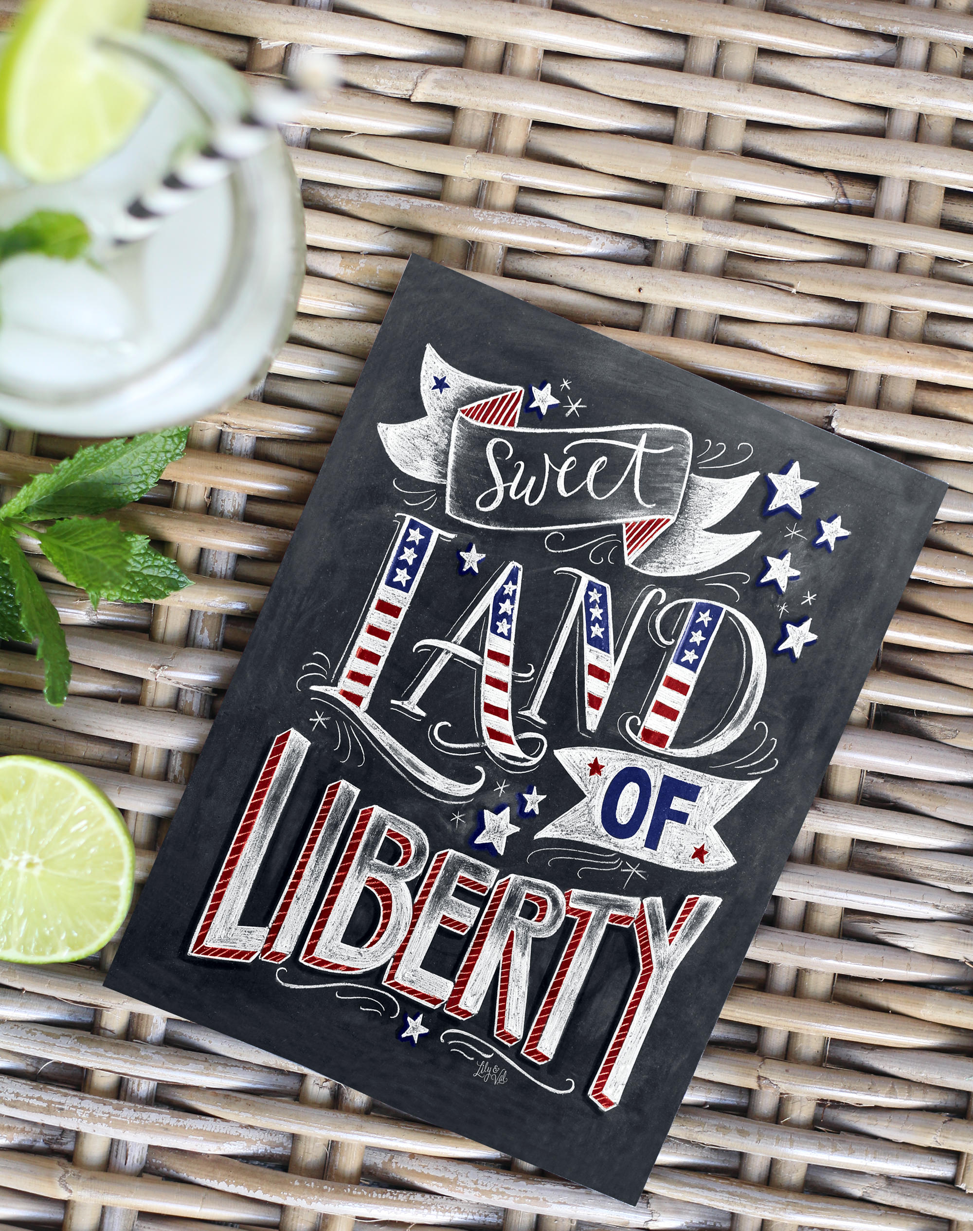 Sweet Land of Liberty Chalk Art Print available on lilyandval.com; Perfect decor for your 4th of July parties