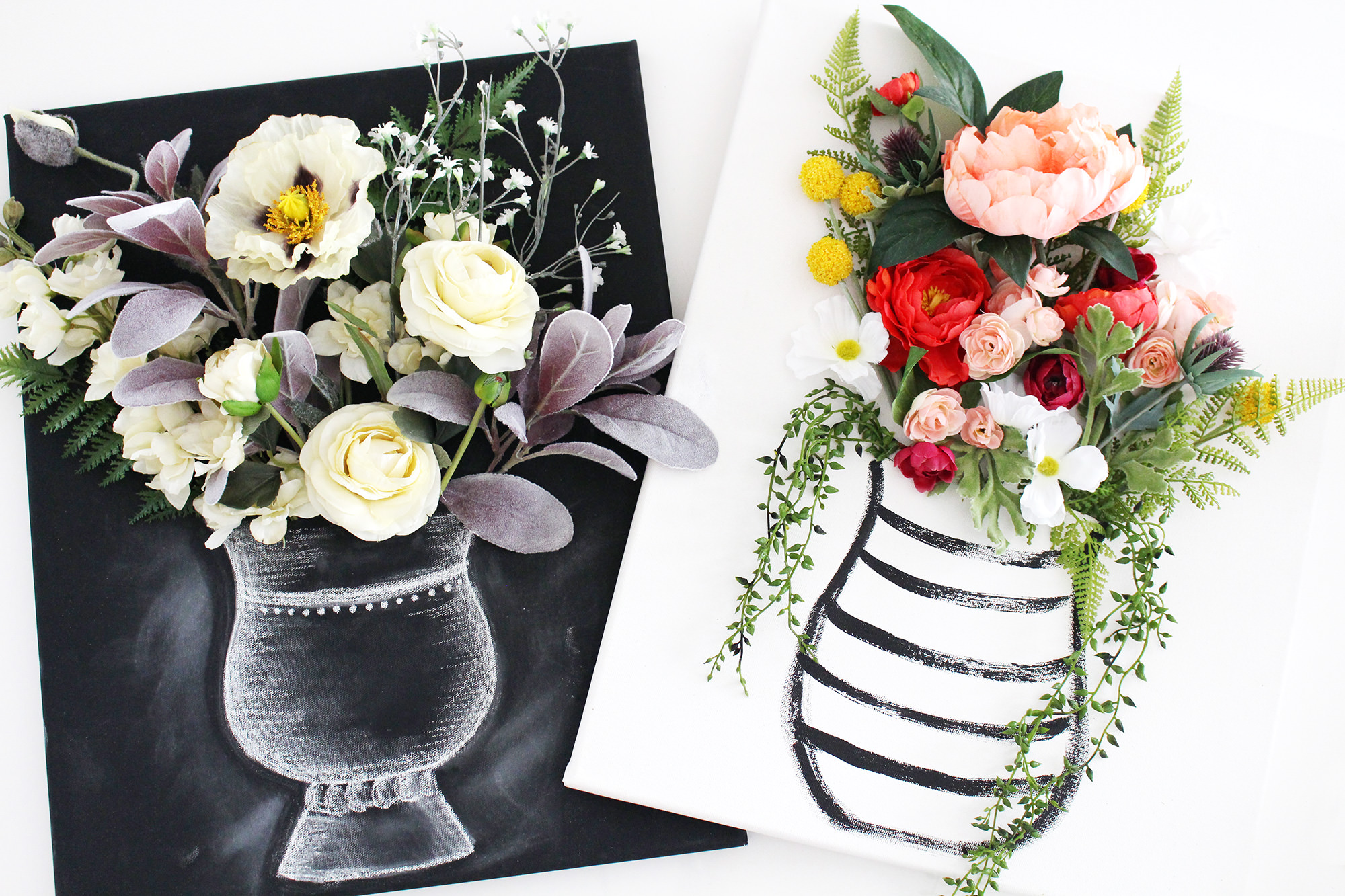 Create stunning 3-D flower canvas wall art using faux flowers and hand-drawn vases. Get the DIY on Lily & Val Living! 