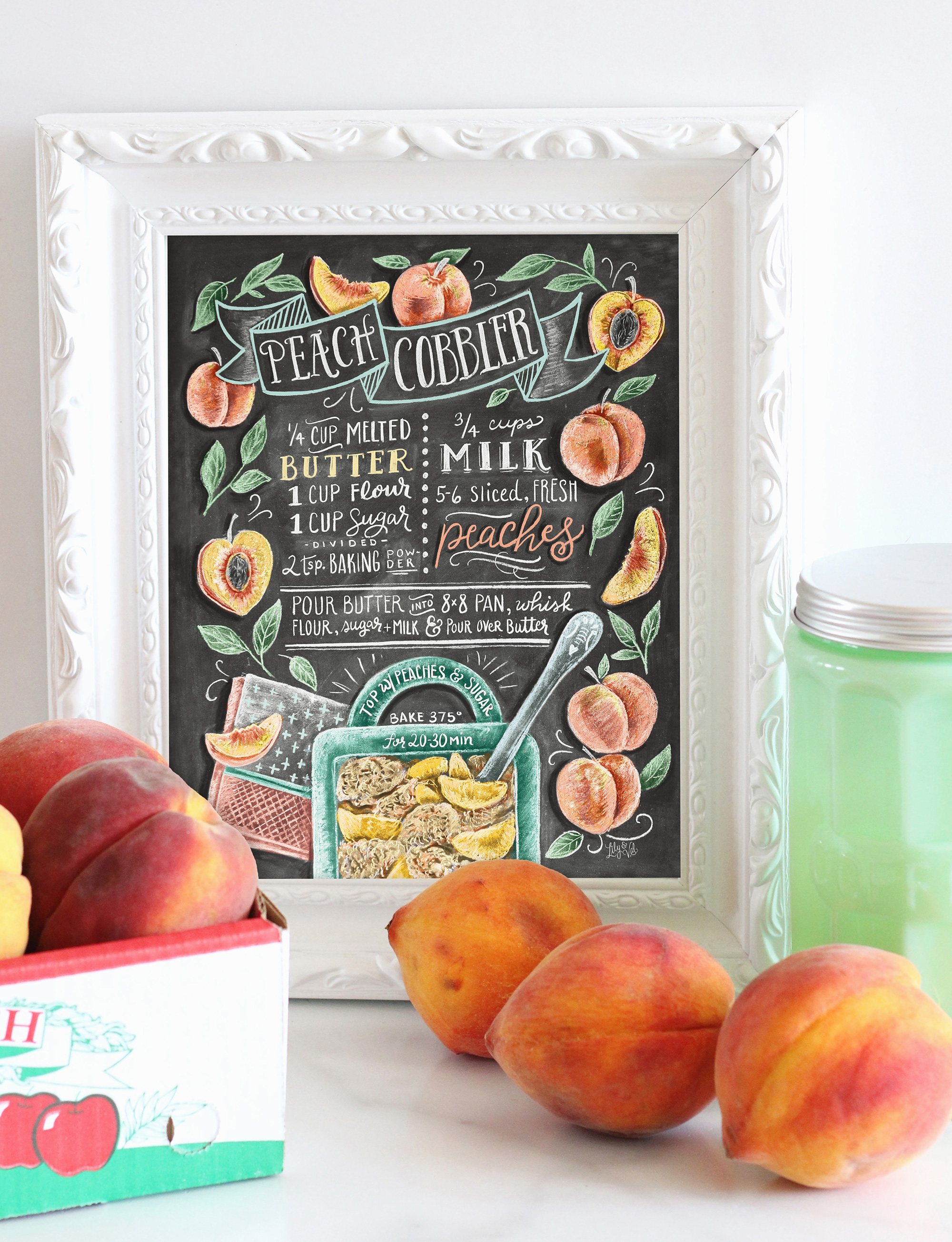 Peach Cobbler illustrated recipe print for your kitchen walls! Hand-illustrated kitchen art by Valerie McKeehan