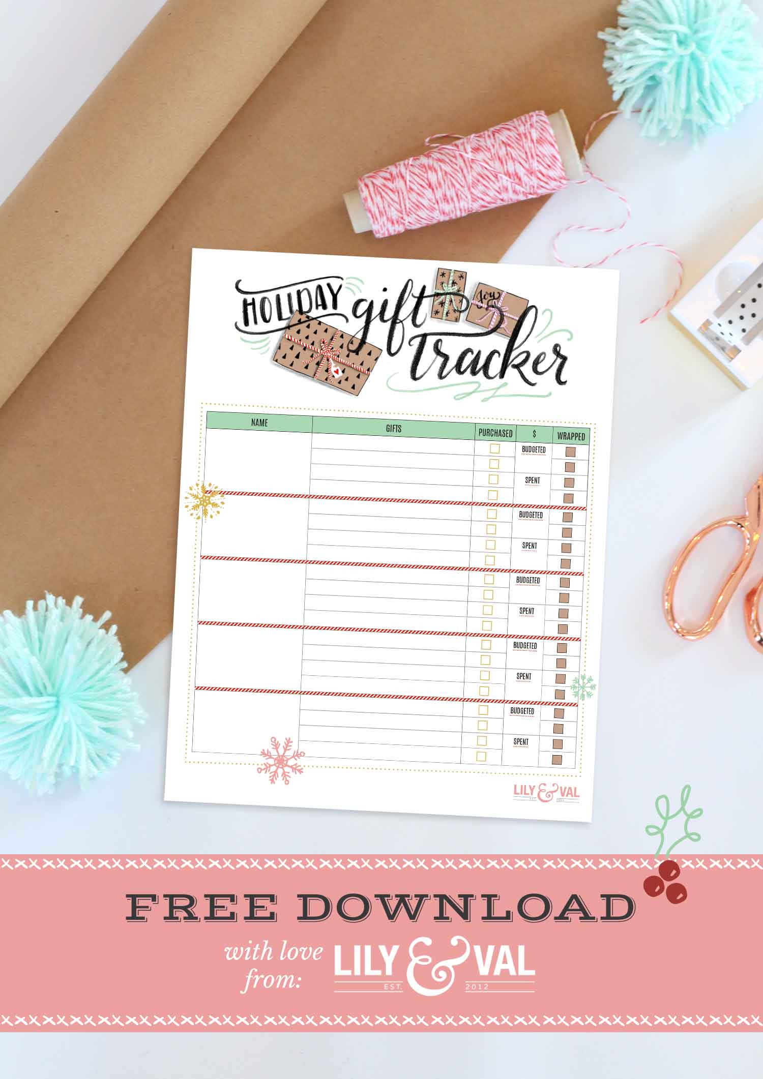 Download a free holiday gift tracker printable featuring hand lettering by Lily & Val