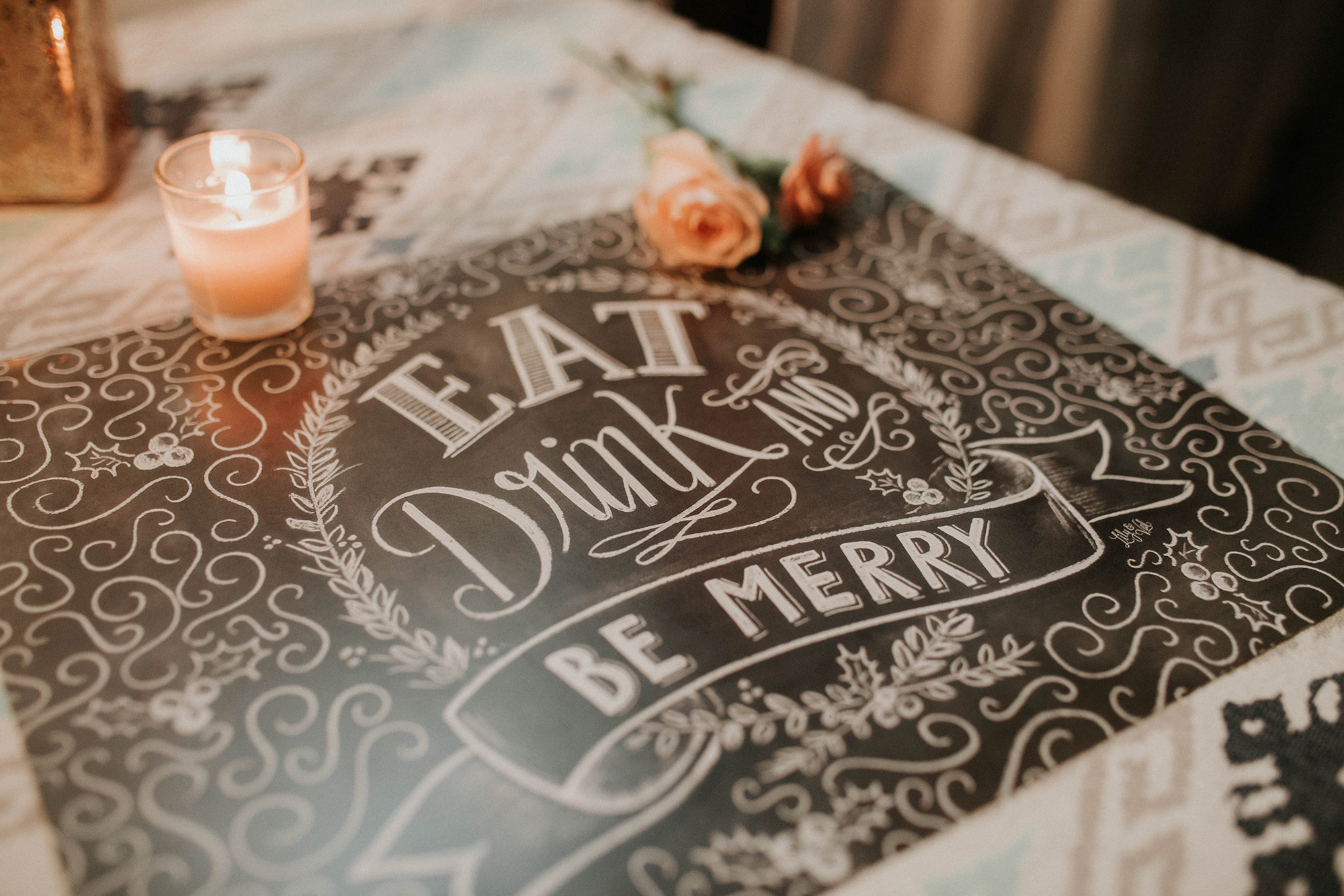 Eat Drink and Be Merry Chalk Art placemats at the Lily & Val Company Christmas Party 