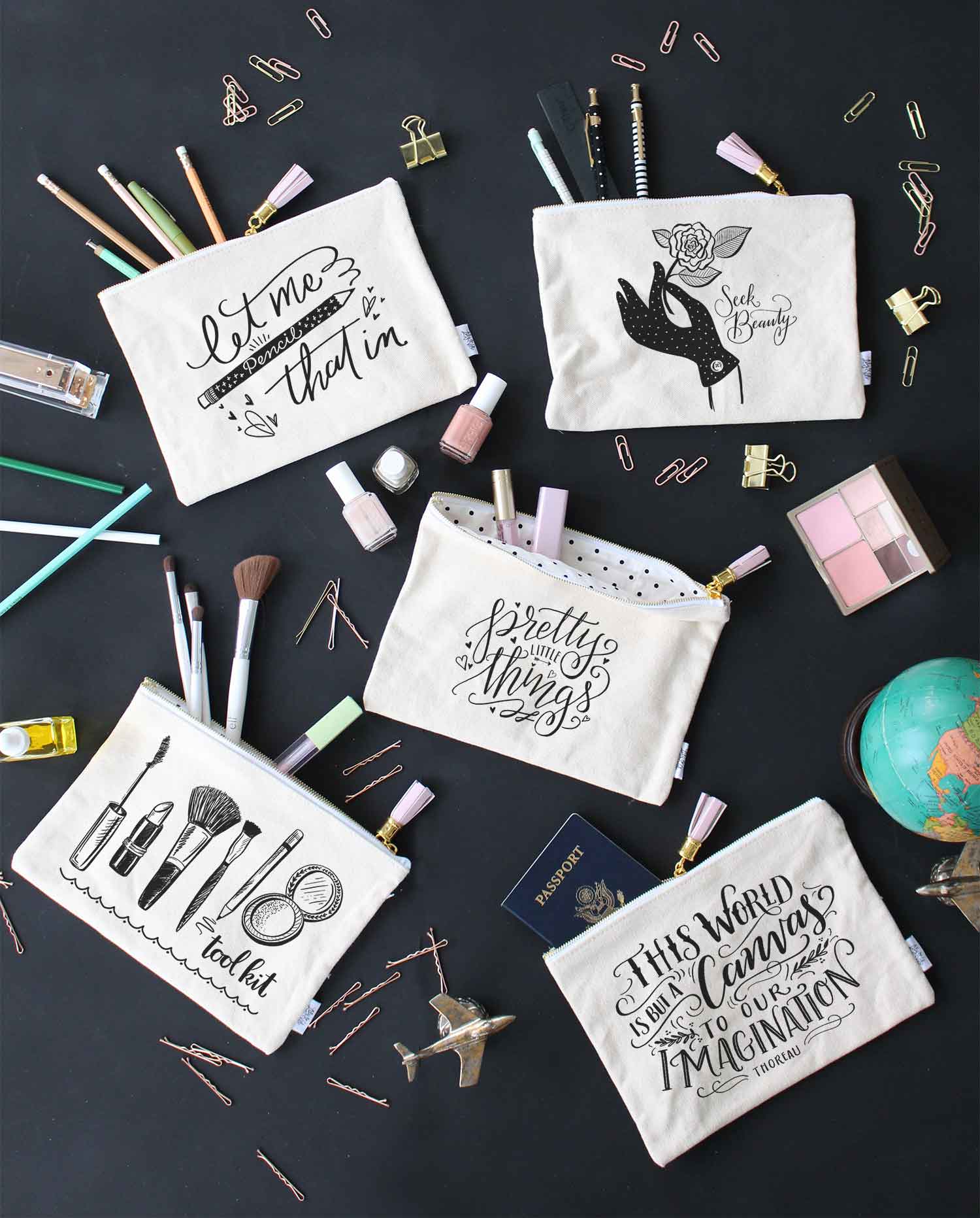 Hand lettered and screen printed zippered pouches from Lily & Val