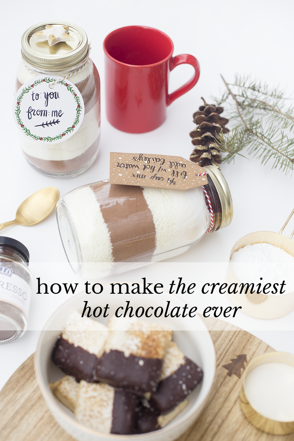 Need a last minute gift? Or just a great recipe? This is the creamiest hot chocolate you've ever tasted and when you layer it in a mason jar, it's an adorable gift! Click through to read the recipe!