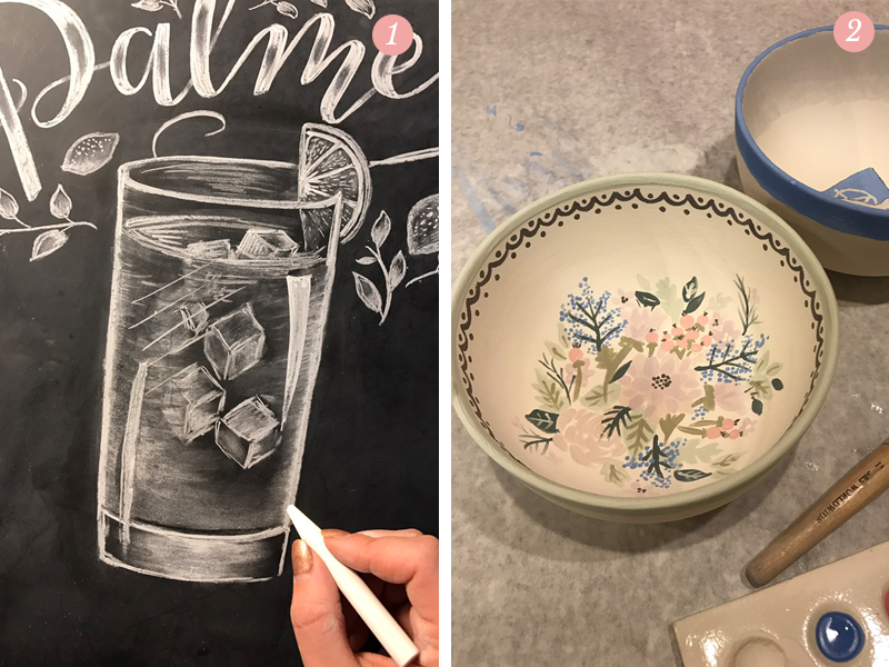 Chalk drawing of a refreshing Arnold Palmer, hand-painted flowers in ceramic bowls