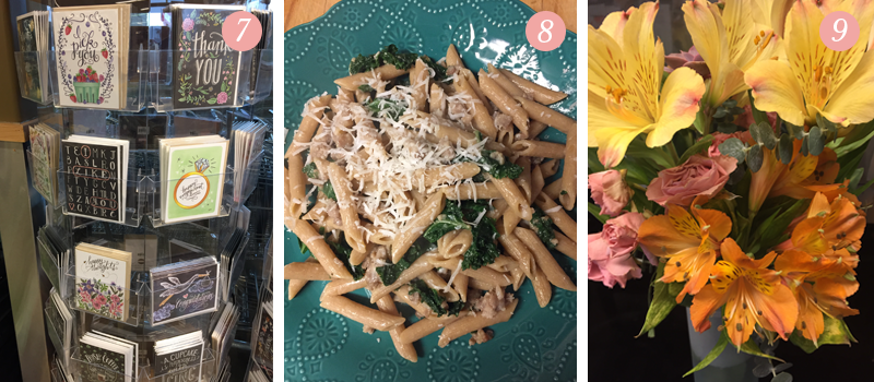 Whole Food's Lily & Val greeting card display at the South Hills store in Pittsburgh, PA, Penne pasta home cooked meal, just because flowers in yellow, pink and orange