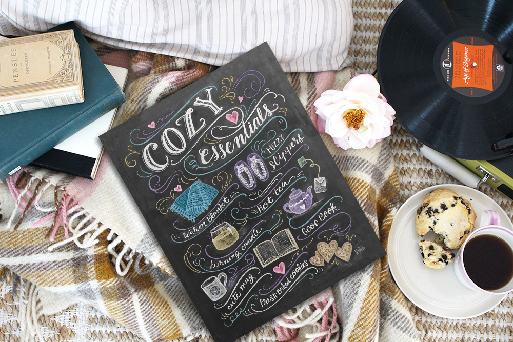 Cozy Essentials hand-drawn chalk print : inspiration for winter coziness! 