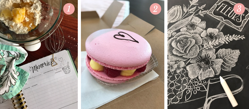 Pretty Ordinary Friday from Lily and Val features - ingredients in a bowl ready to be made in the kitchen, a pink Valentine's Day macaron with a heart, chalk art drawing of flowers