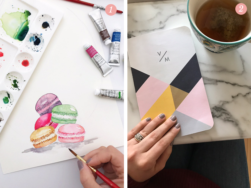 Valerie McKeehan using watercolors to paint macarons, idea notebook for Lily & Val's new spring collection