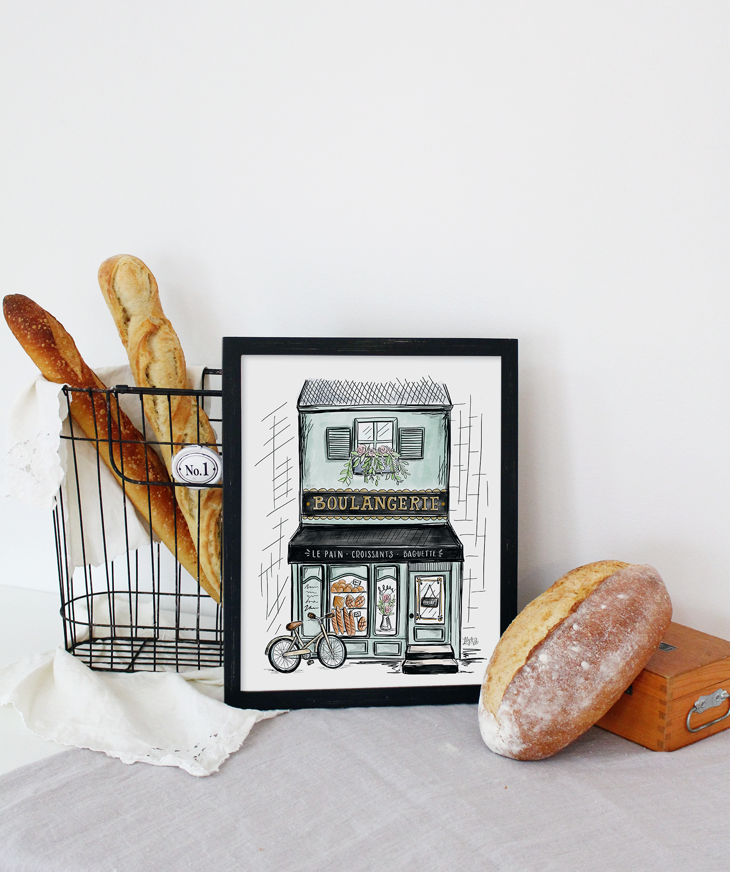 Hand illustrated French Boulangerie storefront as part of The Lily & Val Spring in Provence Collection