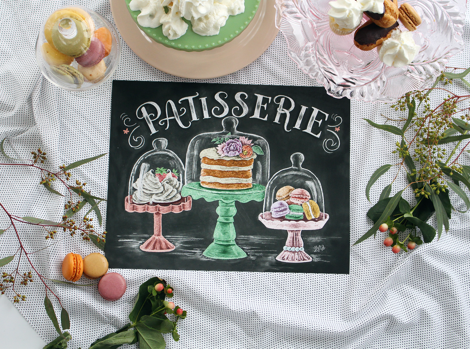 The Patisseries in France inspired this hand-illustrated chalkboard design as part of the Lily & Val Spring Print Collection