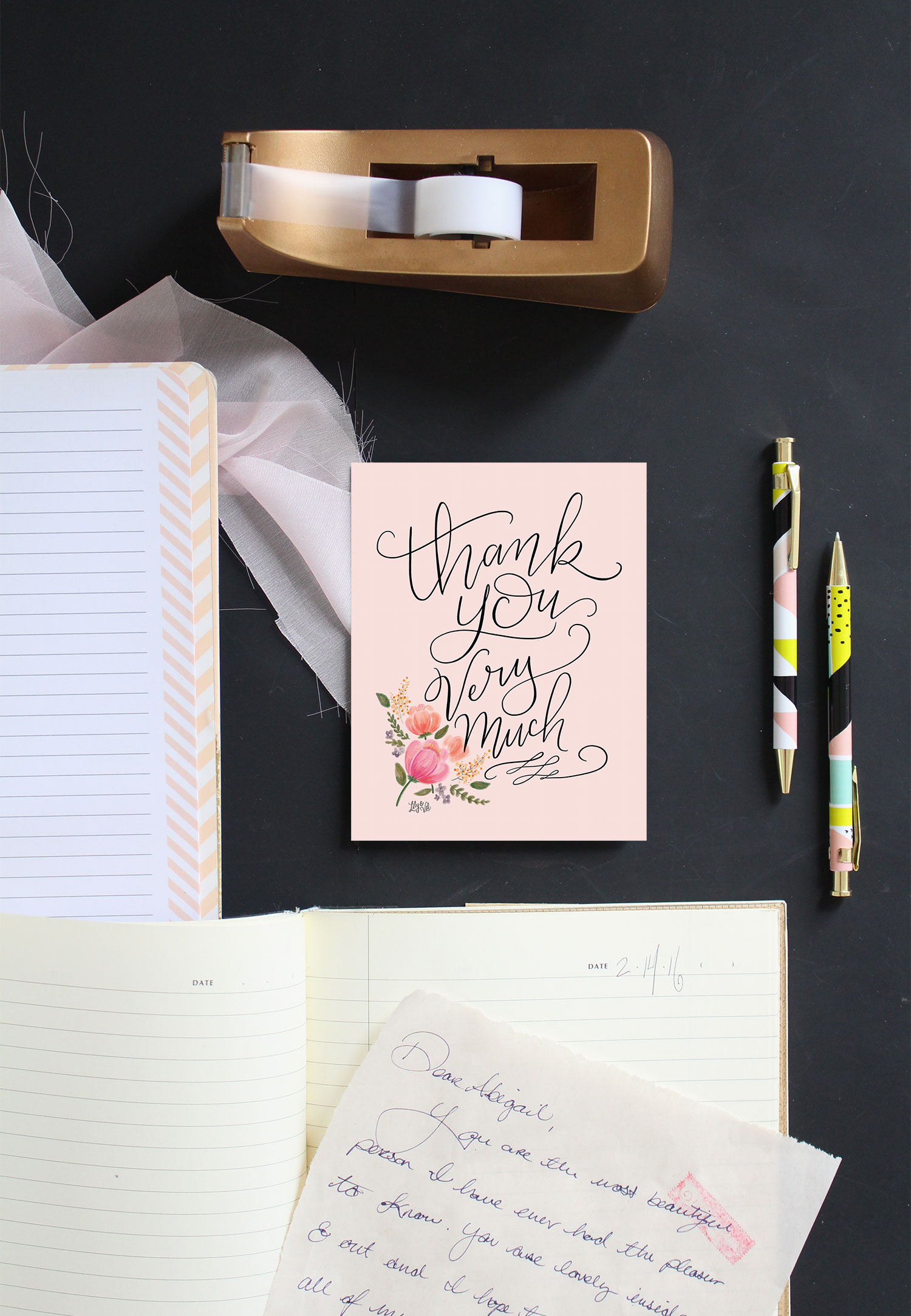 Send thanks and sweet wishes with this pretty in pink thank you card, hand-drawn by Valerie McKeehan