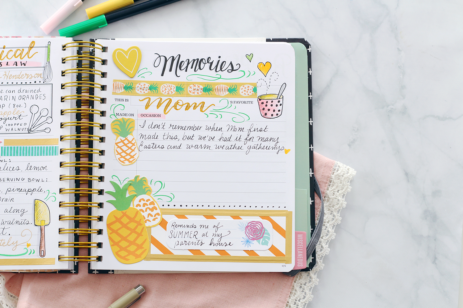 The Keepsake Kitchen Diary is not your average recipe keeper because it combines a journaling memory page for recording special moments and scrapbooking memories