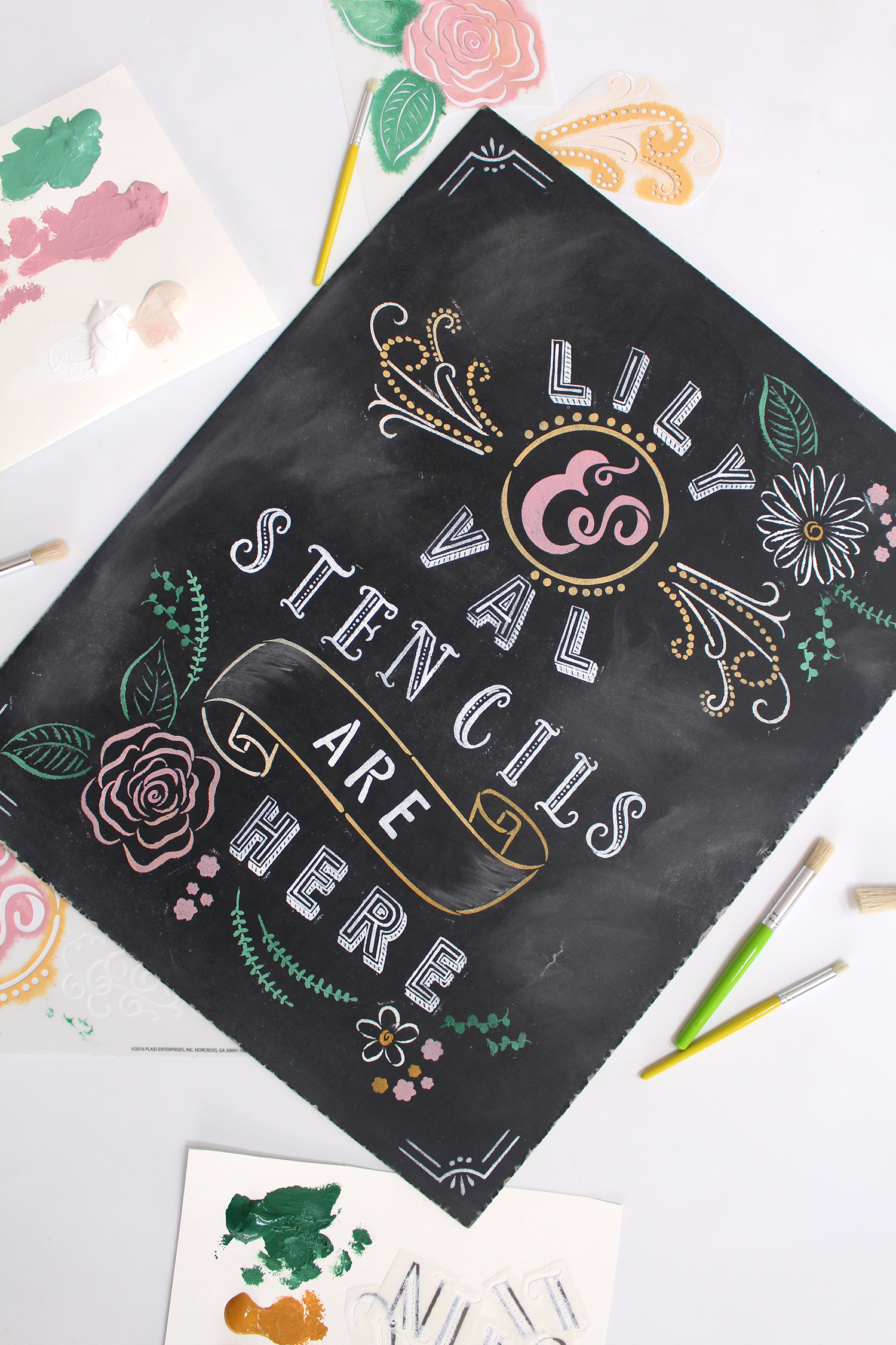 Introducing Lily & Val Chalkboard Lettering Stencils! Create gorgeous pieces of chalkboard art featuring Valerie McKeehan's signature hand lettering and embellishments. Available from Plaid Crafts at Michaels!