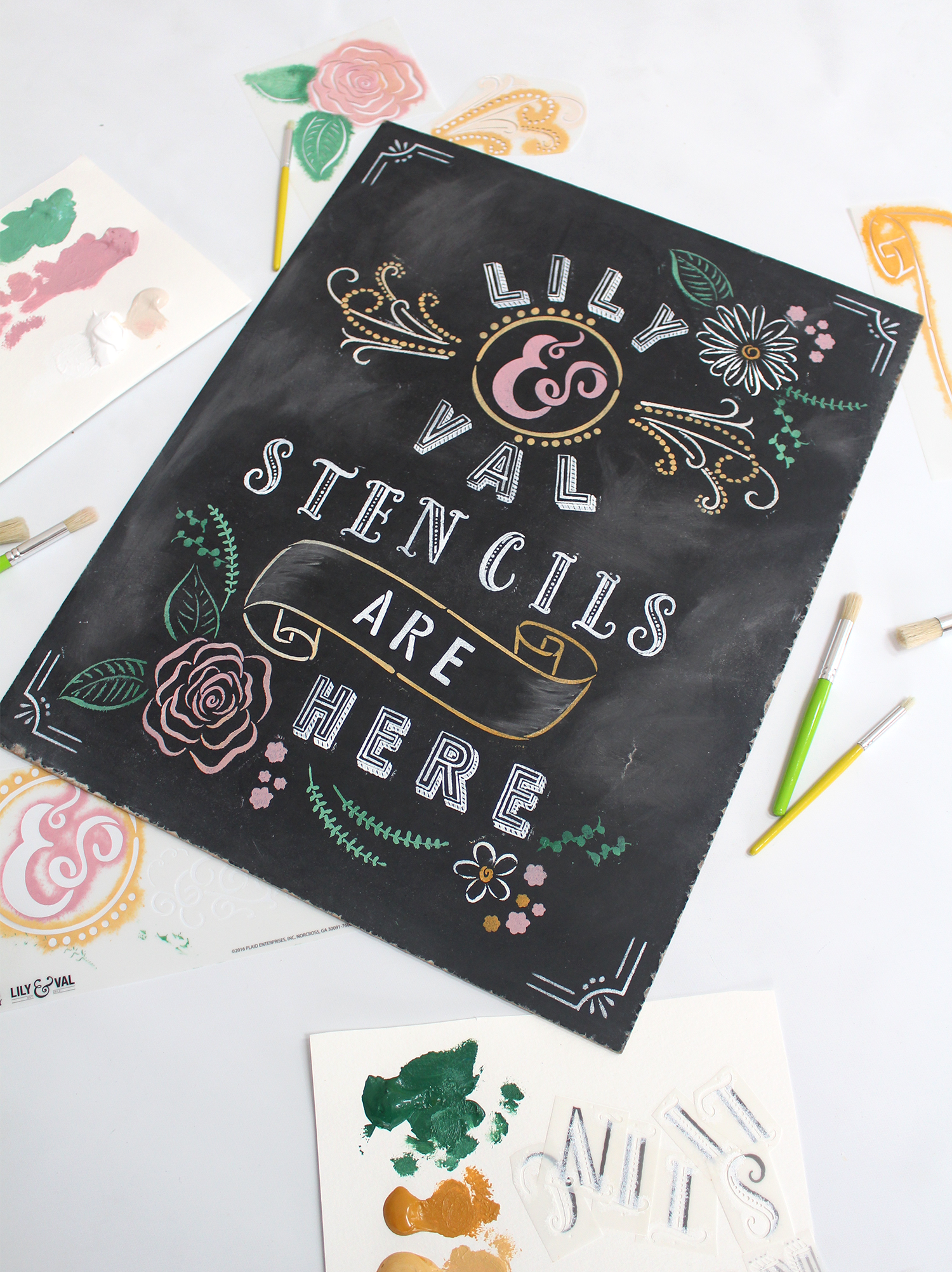 Introducing Lily & Val Chalkboard Lettering Stencils! Create gorgeous pieces of chalkboard art featuring Valerie McKeehan's signature hand lettering and embellishments. Available from Plaid Crafts at Michaels!
