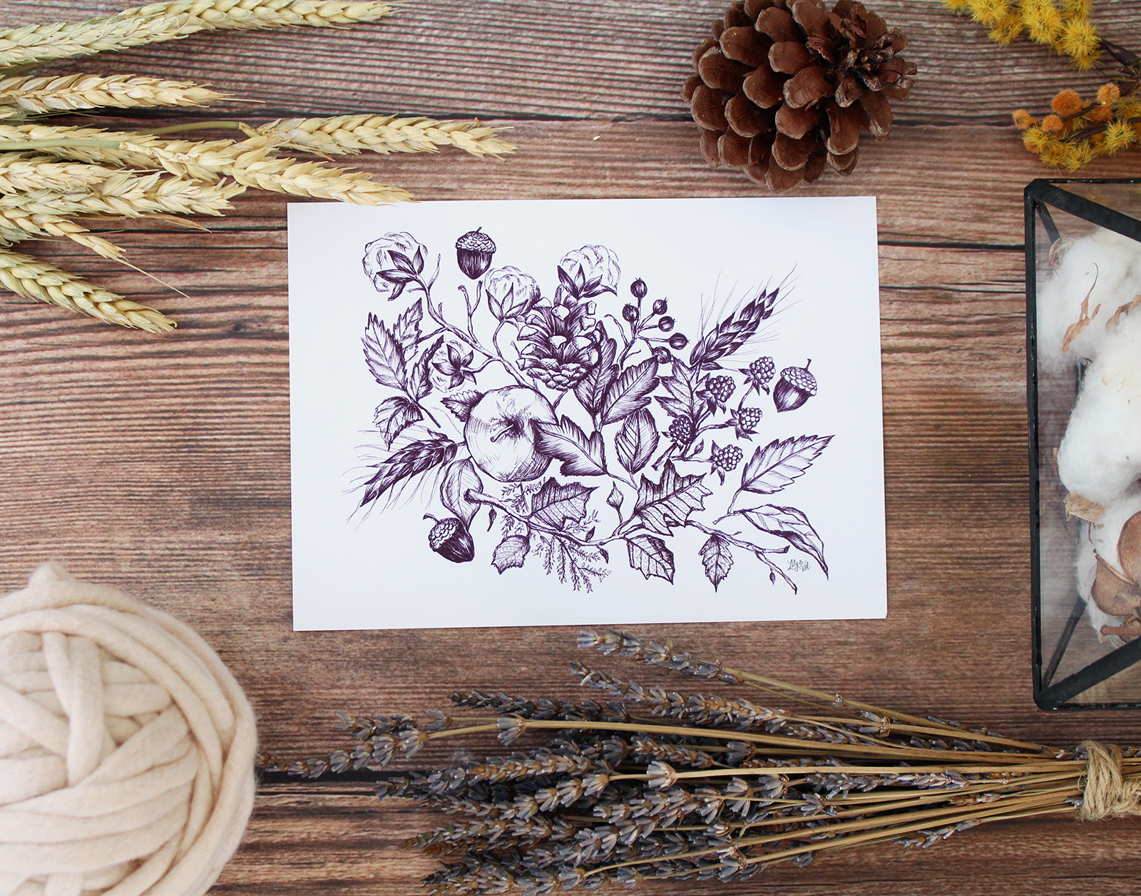 A beautiful plum colored botanical pen and ink drawing to cozy up your fall decorating