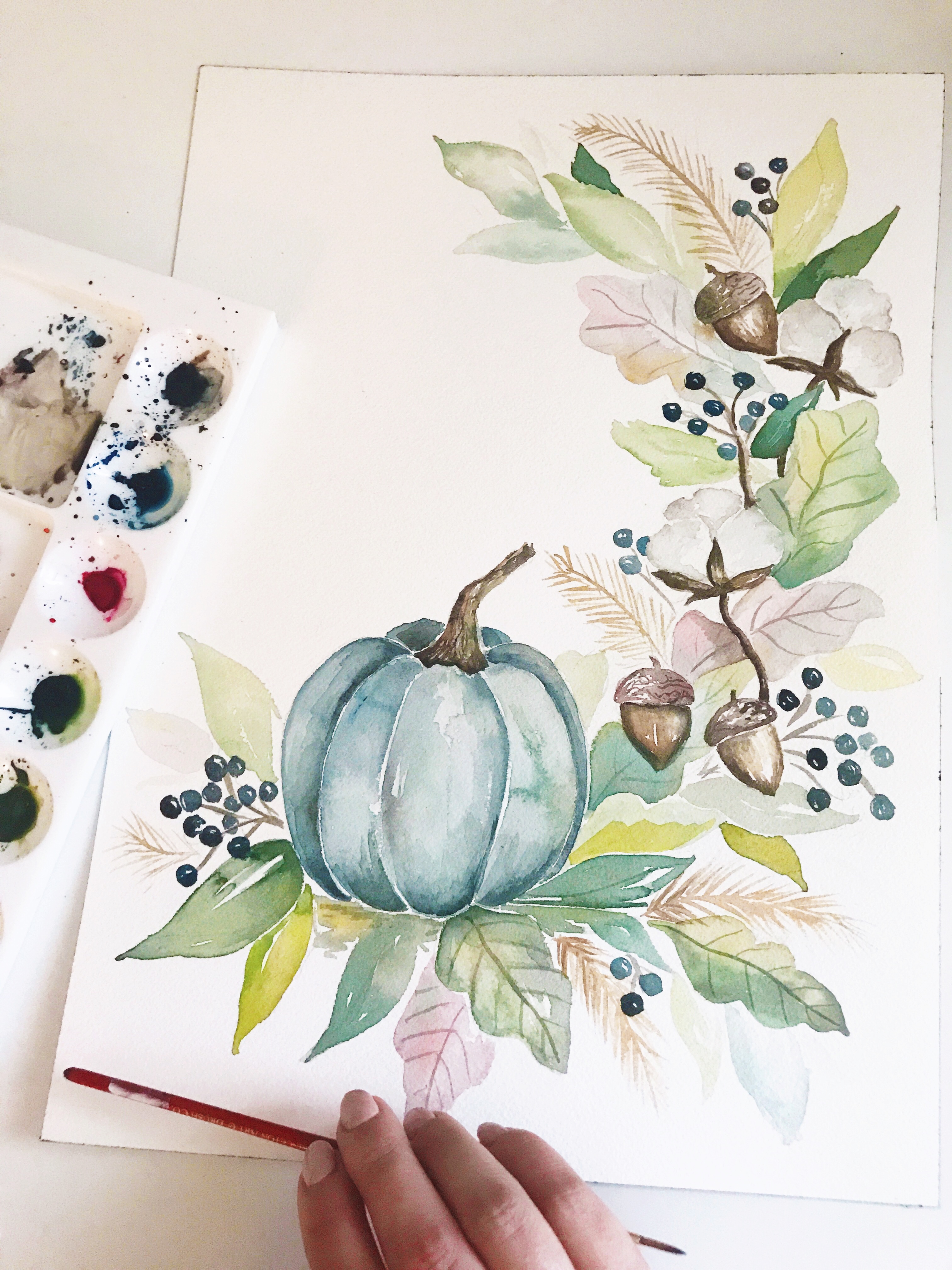 Blue pumpkin watercolor painting as part of the Lily & Val Fall Collection Launch