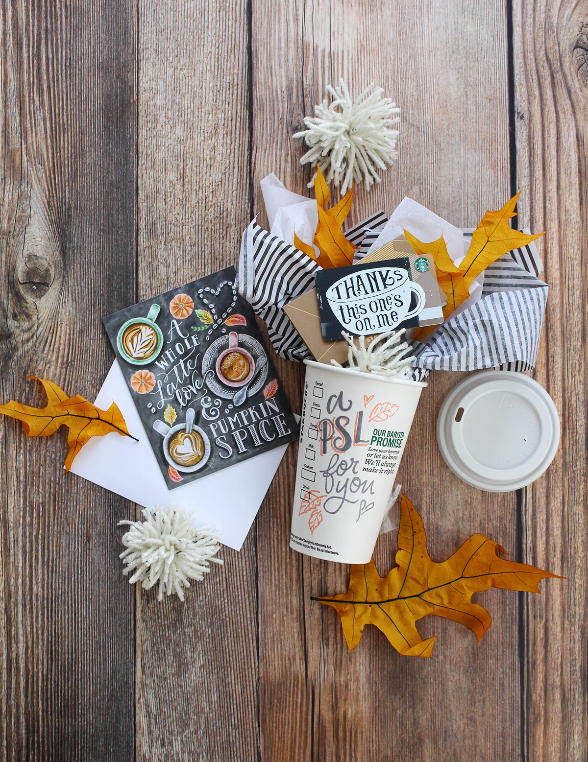 An easy fall gift idea for spreading the pumpkin spice love: hand letter on a starbucks cup, then fill it with a $5 Starbucks gift card and a Lily & Val Pumpkin spice latte card!