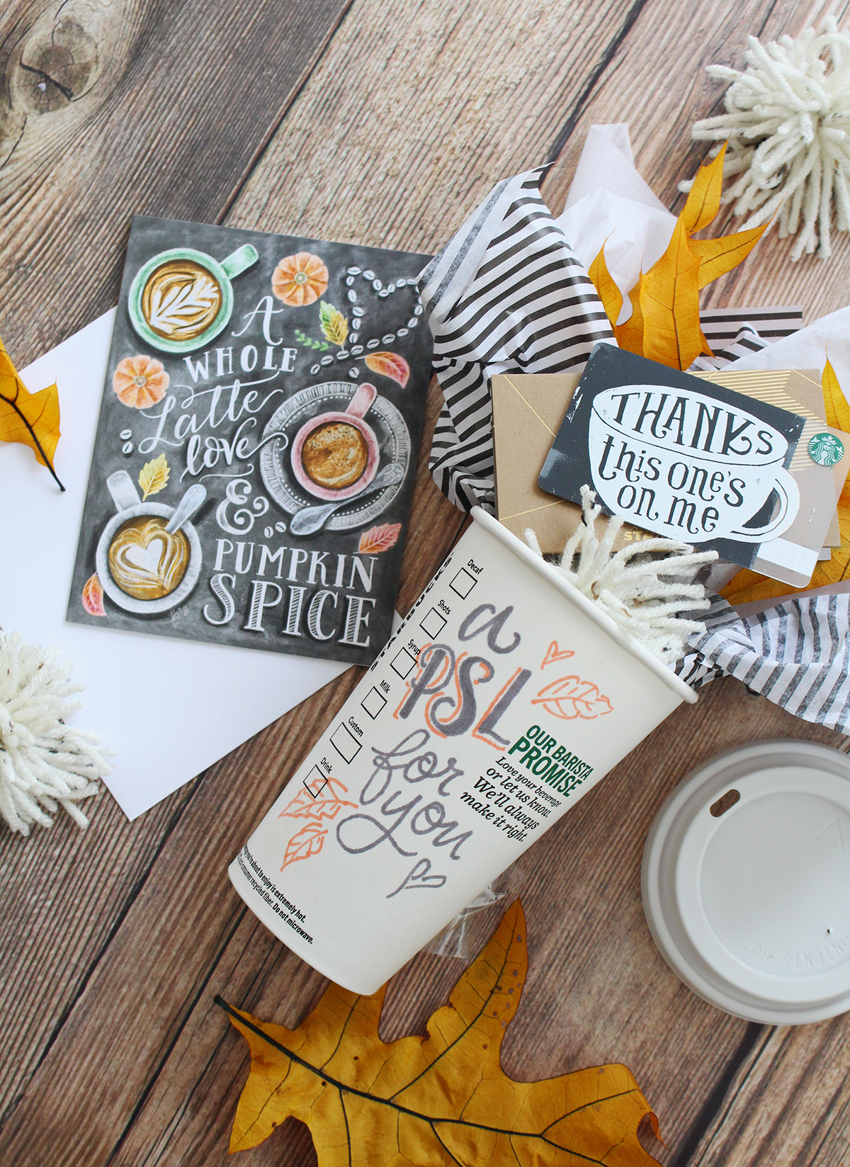 An easy fall gift idea for spreading the pumpkin spice love: hand letter on a starbucks cup, then fill it with a $5 Starbucks gift card and a Lily & Val Pumpkin spice latte card!