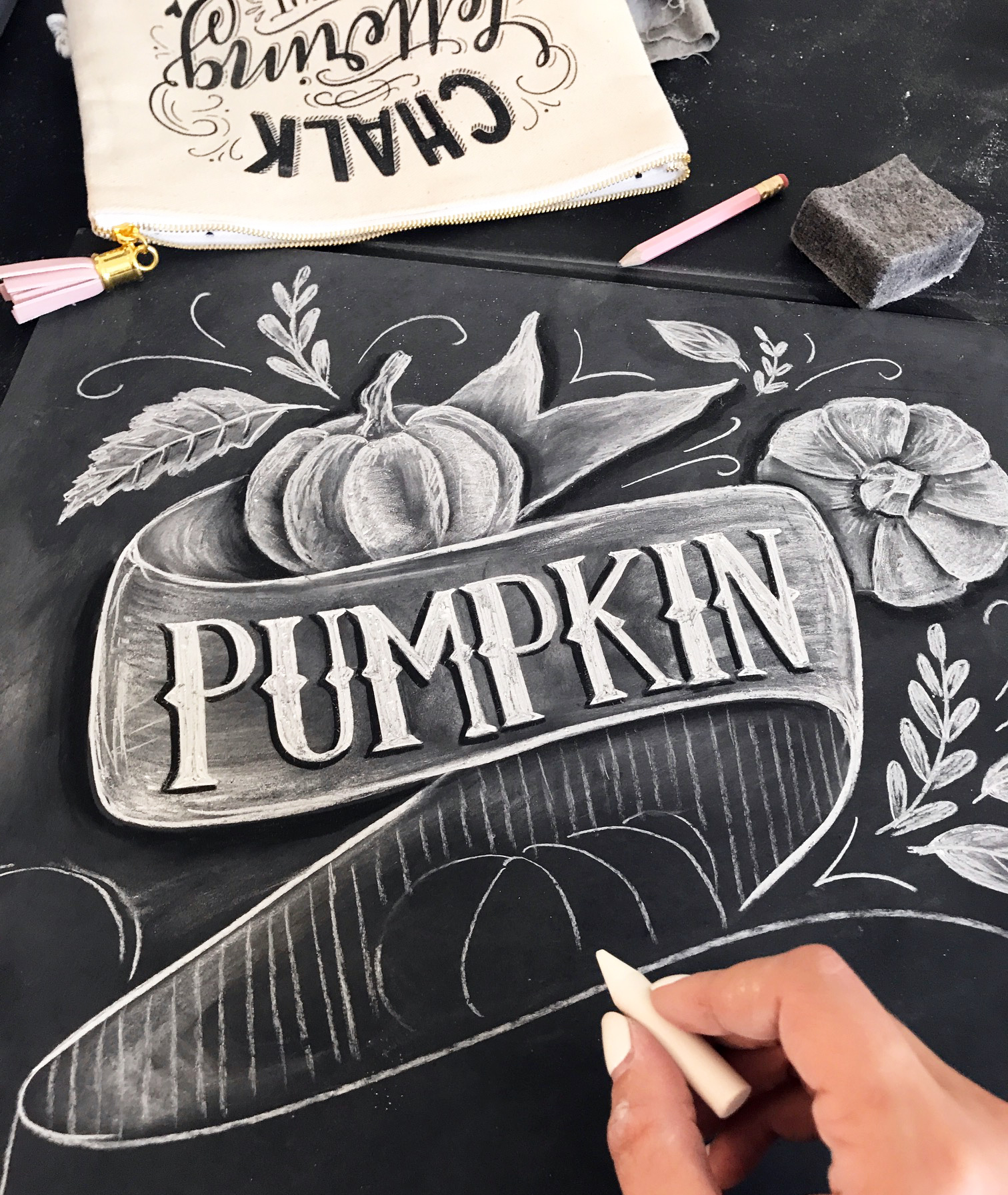 Pumpkin chalk art in the making as part of the Lily & Val Fall Collection | Chalk Lettering Tool Kit