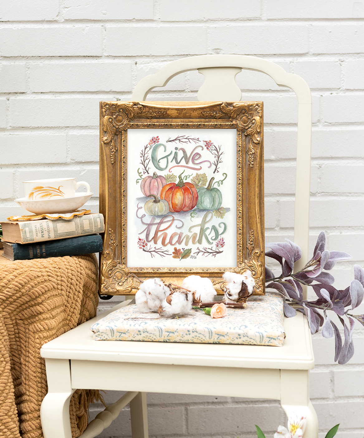 Give Thanks Watercolor Pumpkin Art for your Fall Decor | Cozy fall decor