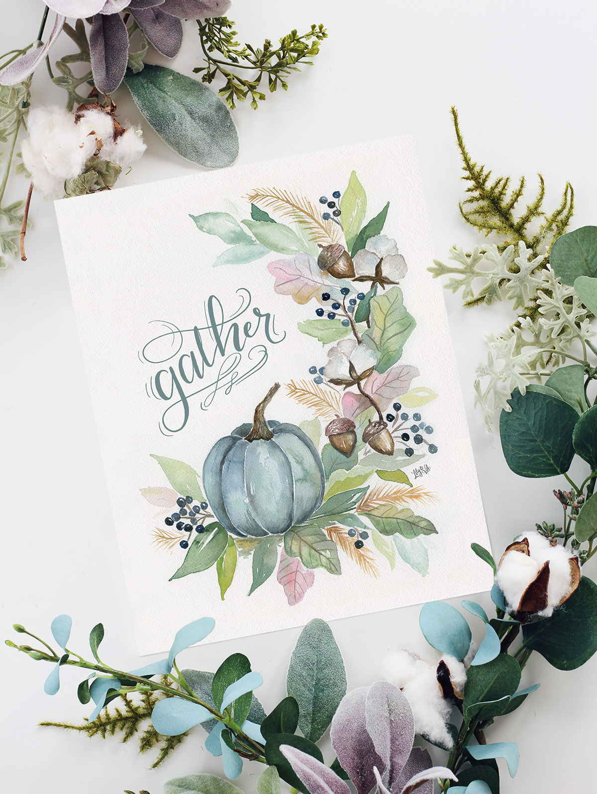 Gather Fall Print | Blue Pumpkin Decor for Fall | Fall Watercolor Art