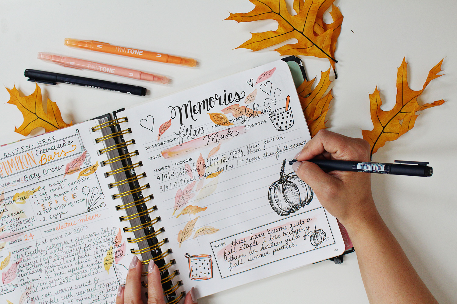 Pumpkin Cheesecake Bar Recipe in my Keepsake Kitchen Diary using Planner Supplies like New Tombow Markers & Pens