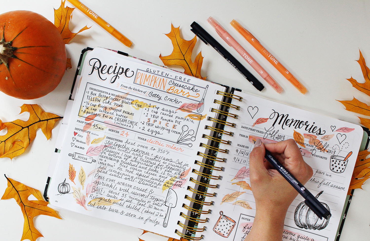 Pumpkin Cheesecake Bar Recipe in my Keepsake Kitchen Diary using Planner Supplies like New Tombow Markers & Pens