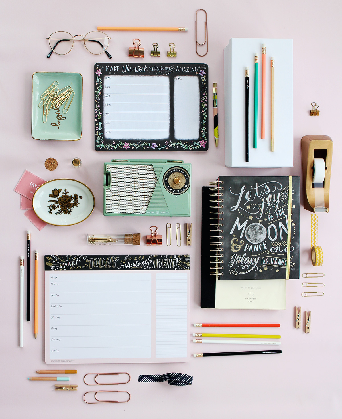 Beautiful hand-drawn and gold foil paper supplies to pretty your home or office desk