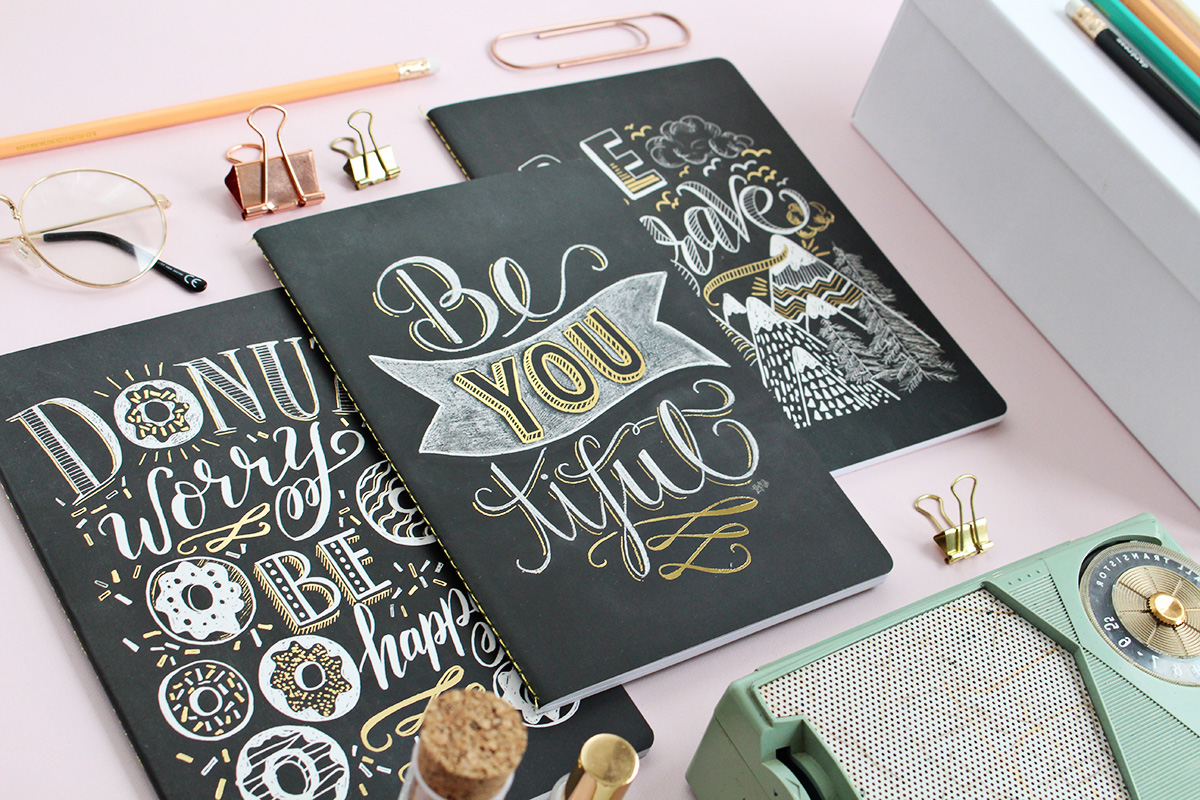 Set of three chalk art and gold foil notebooks! Beautifully packaged for gift-giving or to keep for yourself!