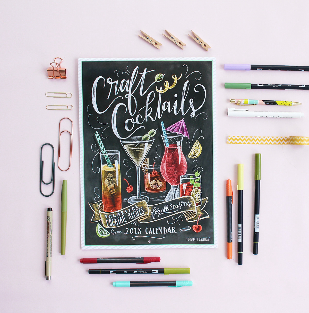 2018 wall calendar features Valerie McKeehan's hand-drawn chalk art cocktail recipes!
