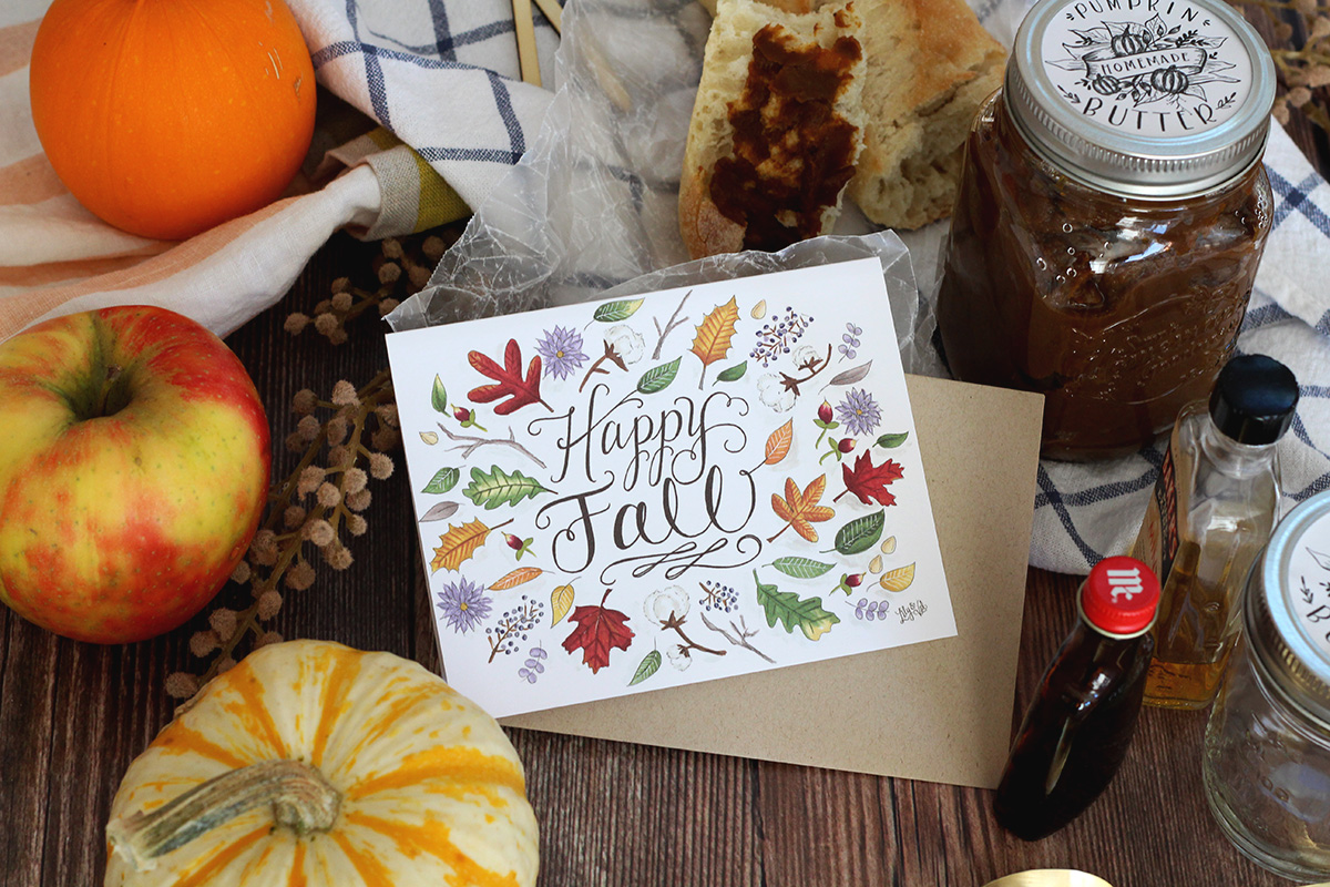 Food Gift Idea: Send a Lily & Val Happy Fall Card + Pumpkin butter packaged in jars topped with our FREE hand-drawn pumpkin butter labels! Simple & sweet