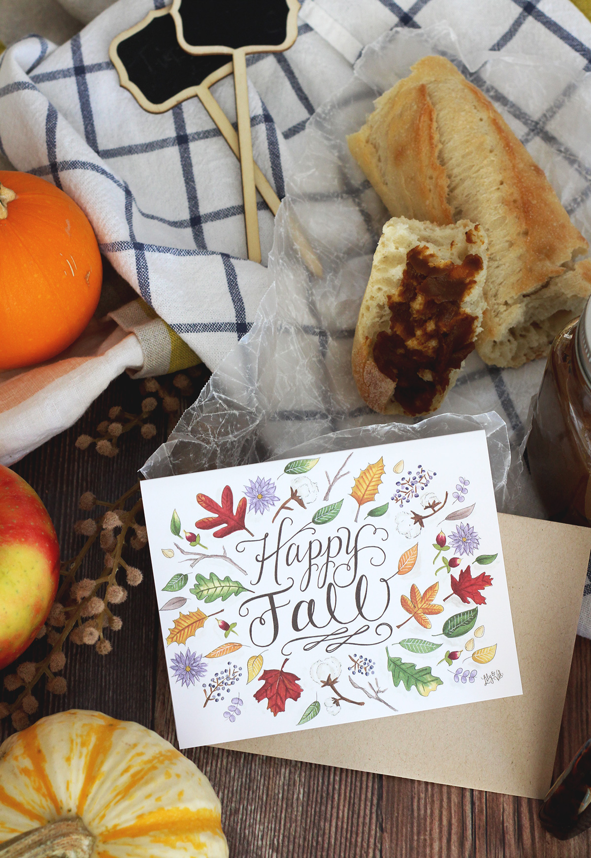 Food Gift Idea: Send a Lily & Val Happy Fall Card + Pumpkin butter packaged in jars topped with our FREE hand-drawn pumpkin butter labels! Simple & sweet