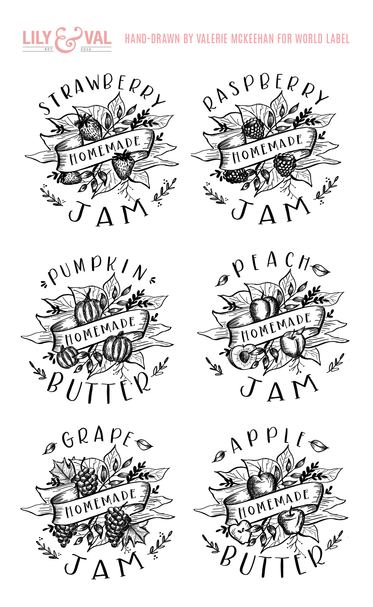 FREE Lily & Val for World Label Hand-Drawn Jam Label Downloads! Strawberry, Peach, Grape, Raspberry Jam plus Pumpkin & Apple Butter!