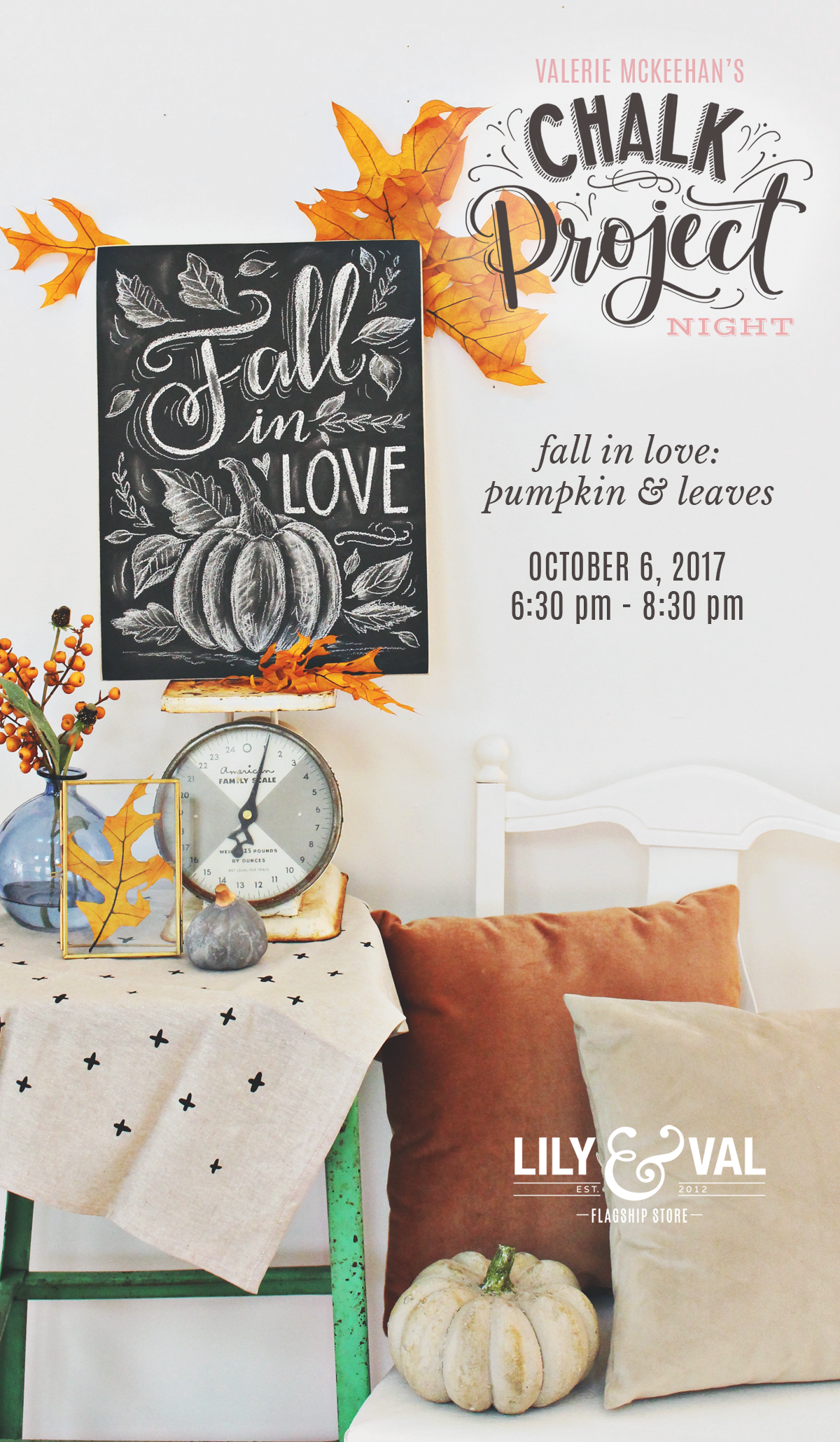 Walk through this Fall in Love Pumpkin and Leaves Chalk art design with Valerie McKeehan of Lily & Val