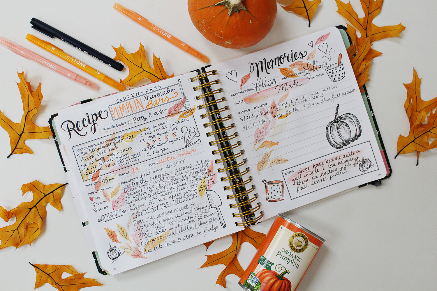 Pumpkin Cheesecake Bar Recipe in my Keepsake Kitchen Diary using Planner Supplies like New Tombow Markers & Pens