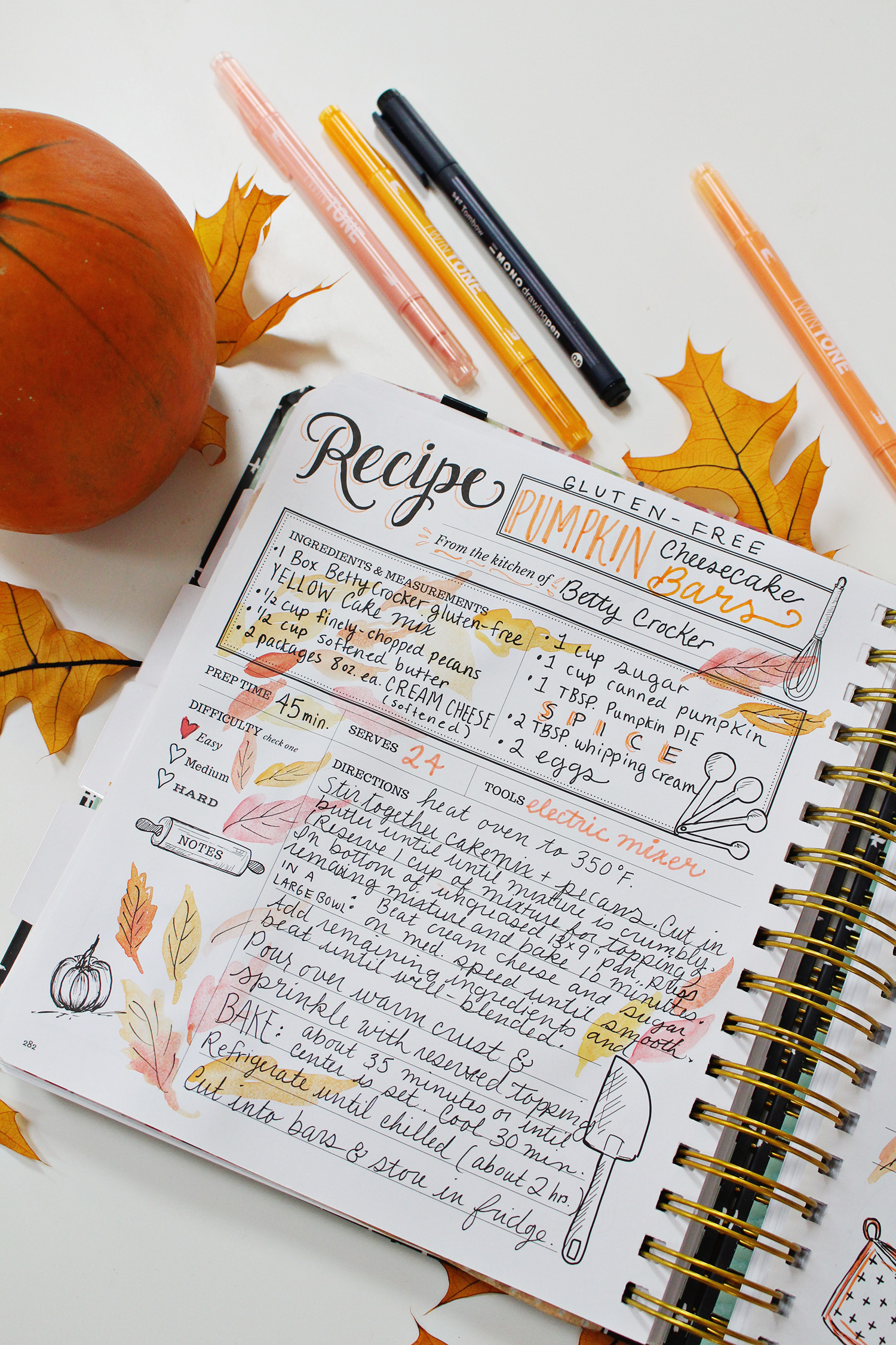 Pumpkin Cheesecake Bar Recipe in my Keepsake Kitchen Diary using Planner Supplies like New Tombow Markers & Pens