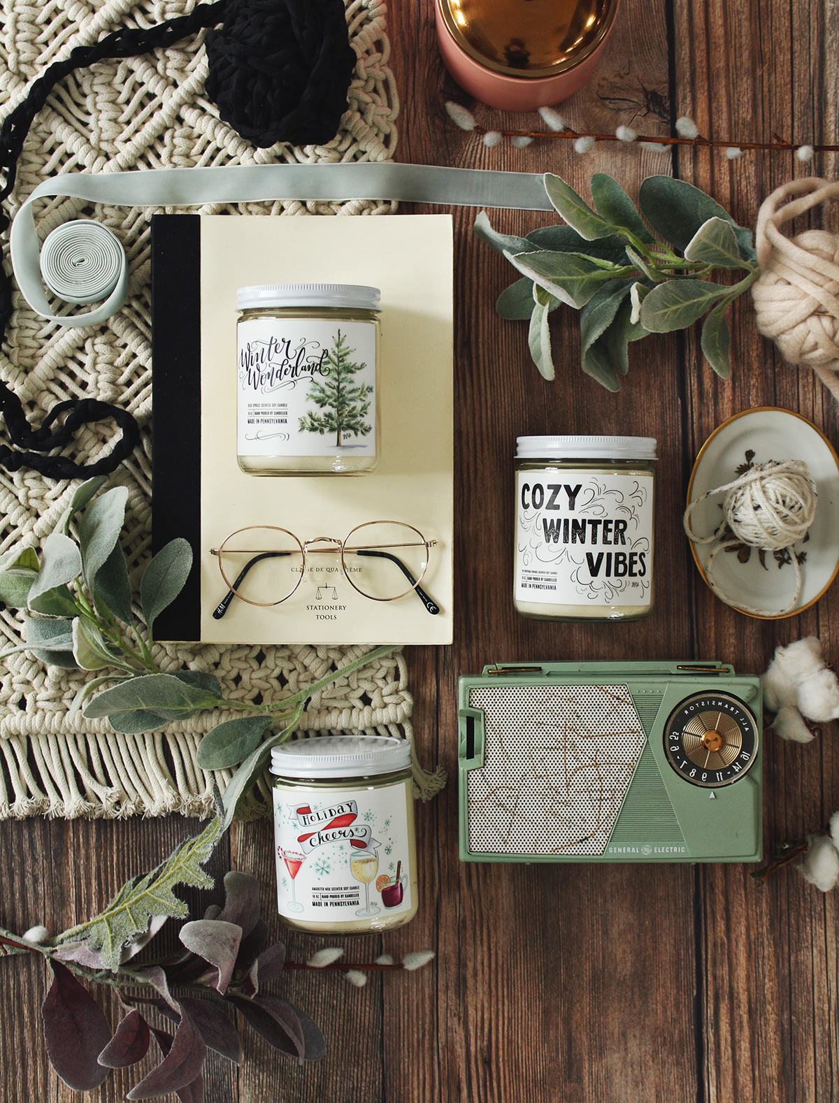 Unique holiday soy candles with labels hand-drawn by Lily & Val and hand-poured by Candelles