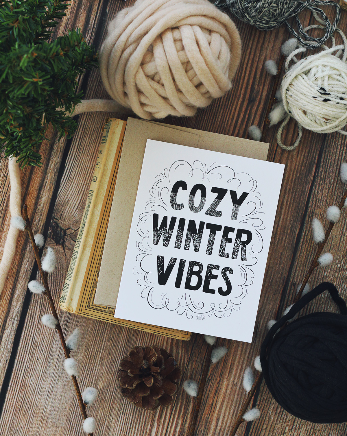 Cozy Winter Vibes is the perfect neutral black and white card to send a modern holiday greeting