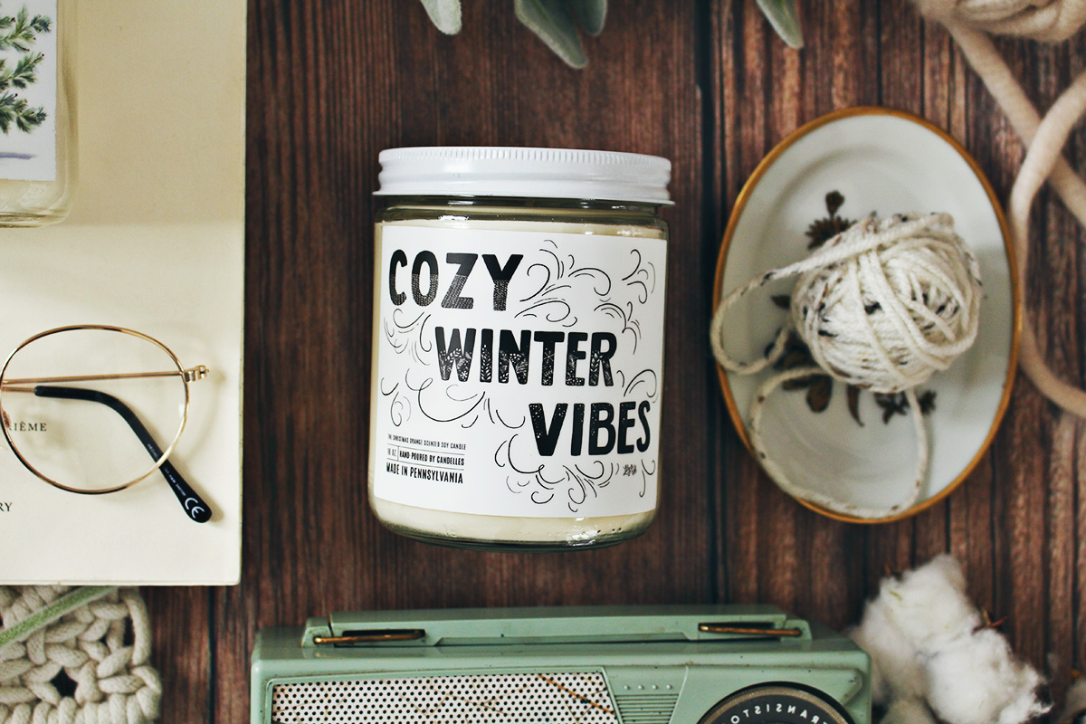 Cozy Winter vibes Unique holiday soy candles with labels hand-drawn by Lily & Val and hand-poured by Candelles