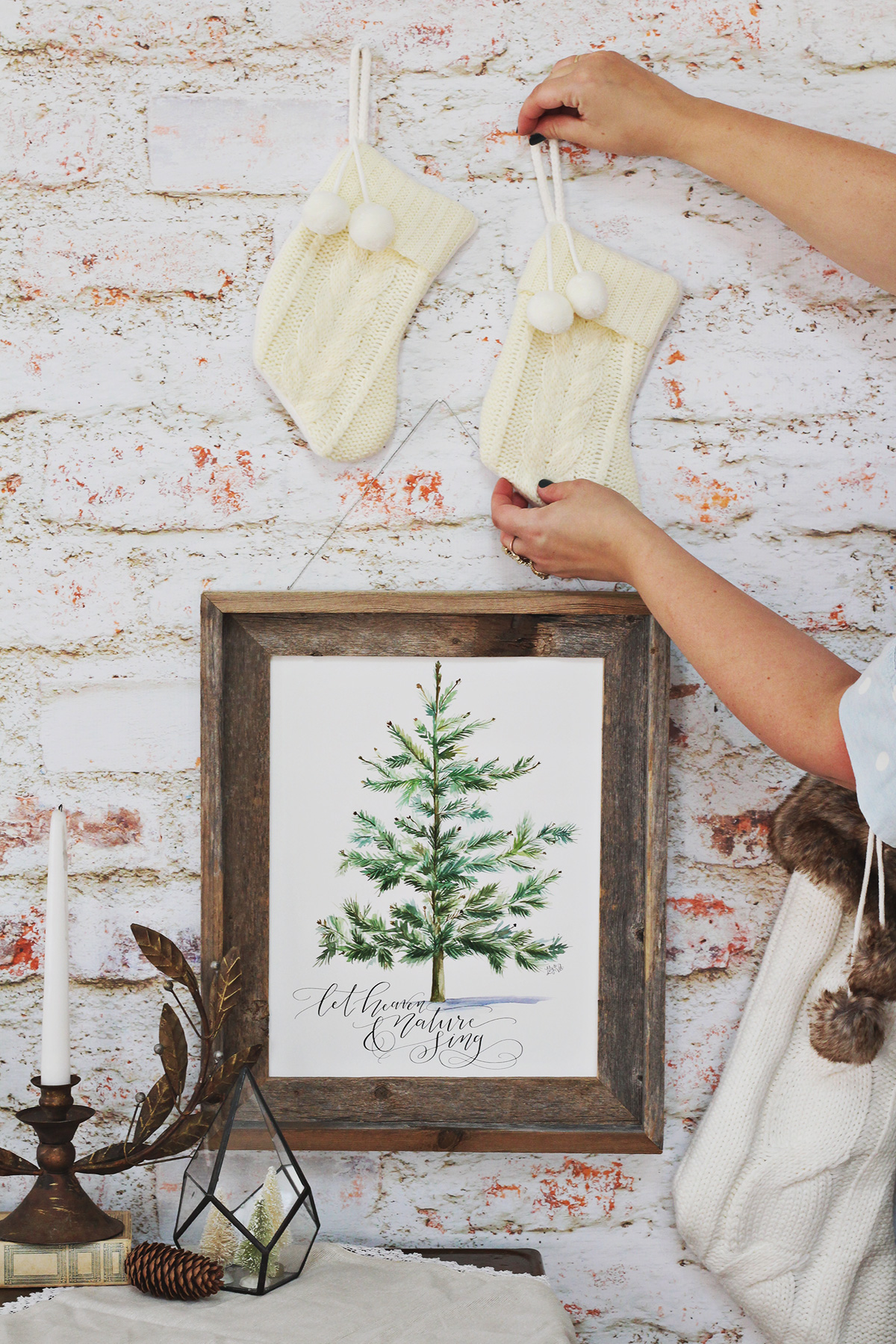 Let Heaven and Nature Sing Watercolor Art by Lily & Val | Woodland Christmas Art | Woodland Christmas Decor | Modern Rustic Christmas | Neutral Holiday Decor